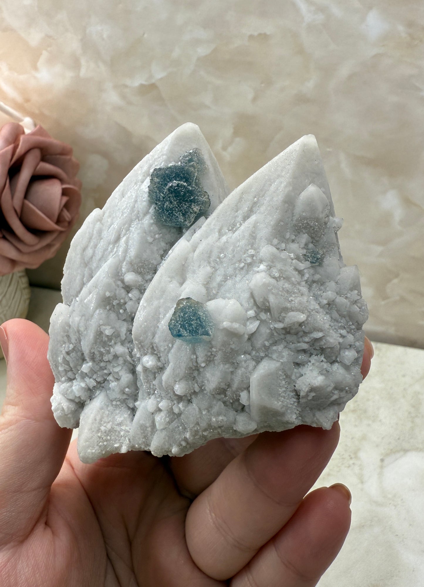 Octohedrical Fluorite on Candle Quartz