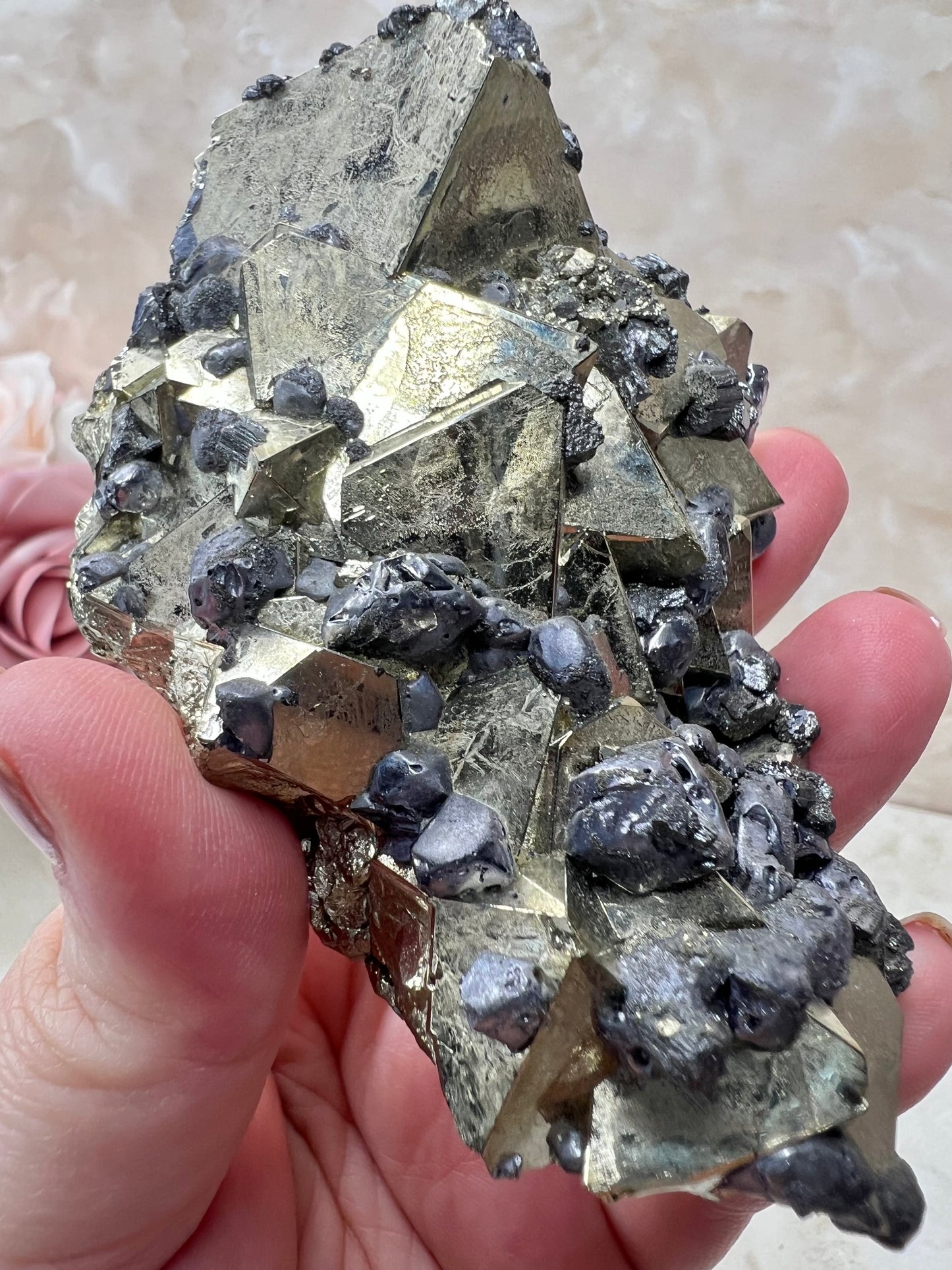 Octahedral Peruvian Pyrite with Galena Cluster
