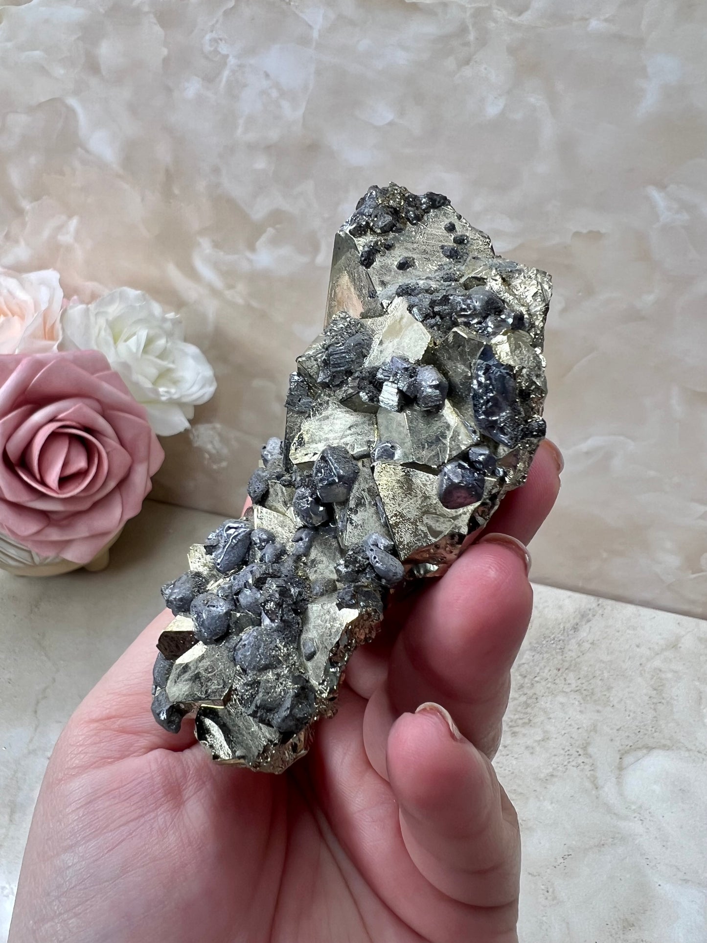 Octahedral Peruvian Pyrite with Galena Cluster