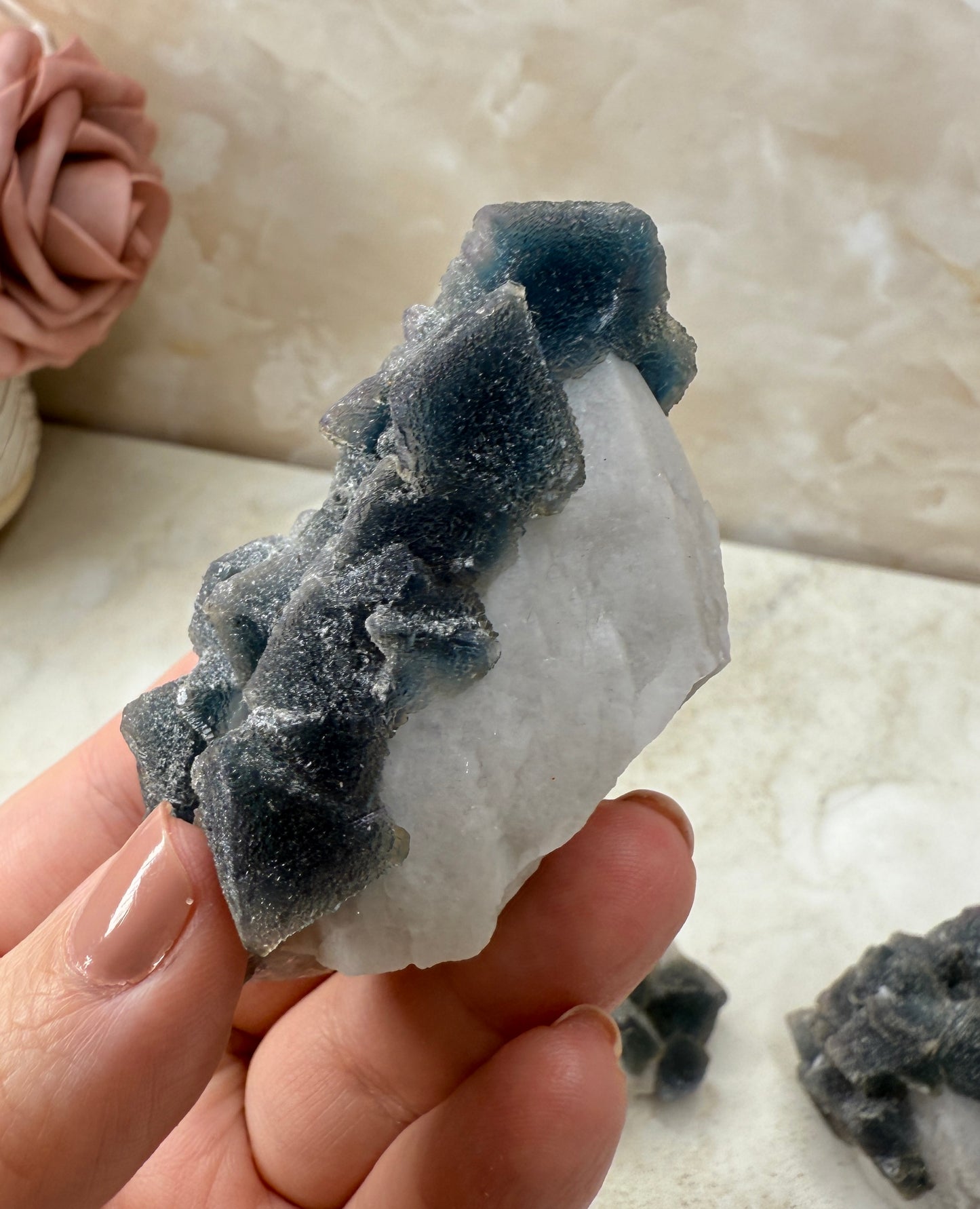 Octohedrical Fluorite on Candle Quartz