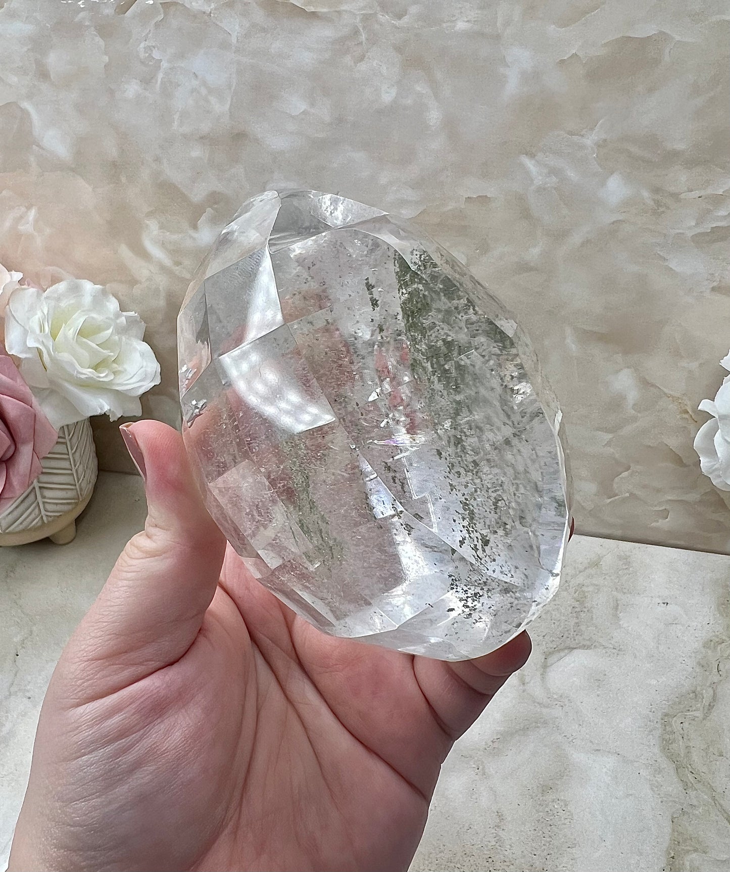 Faceted Clear Quartz Heart with Chlorite from Brazil
