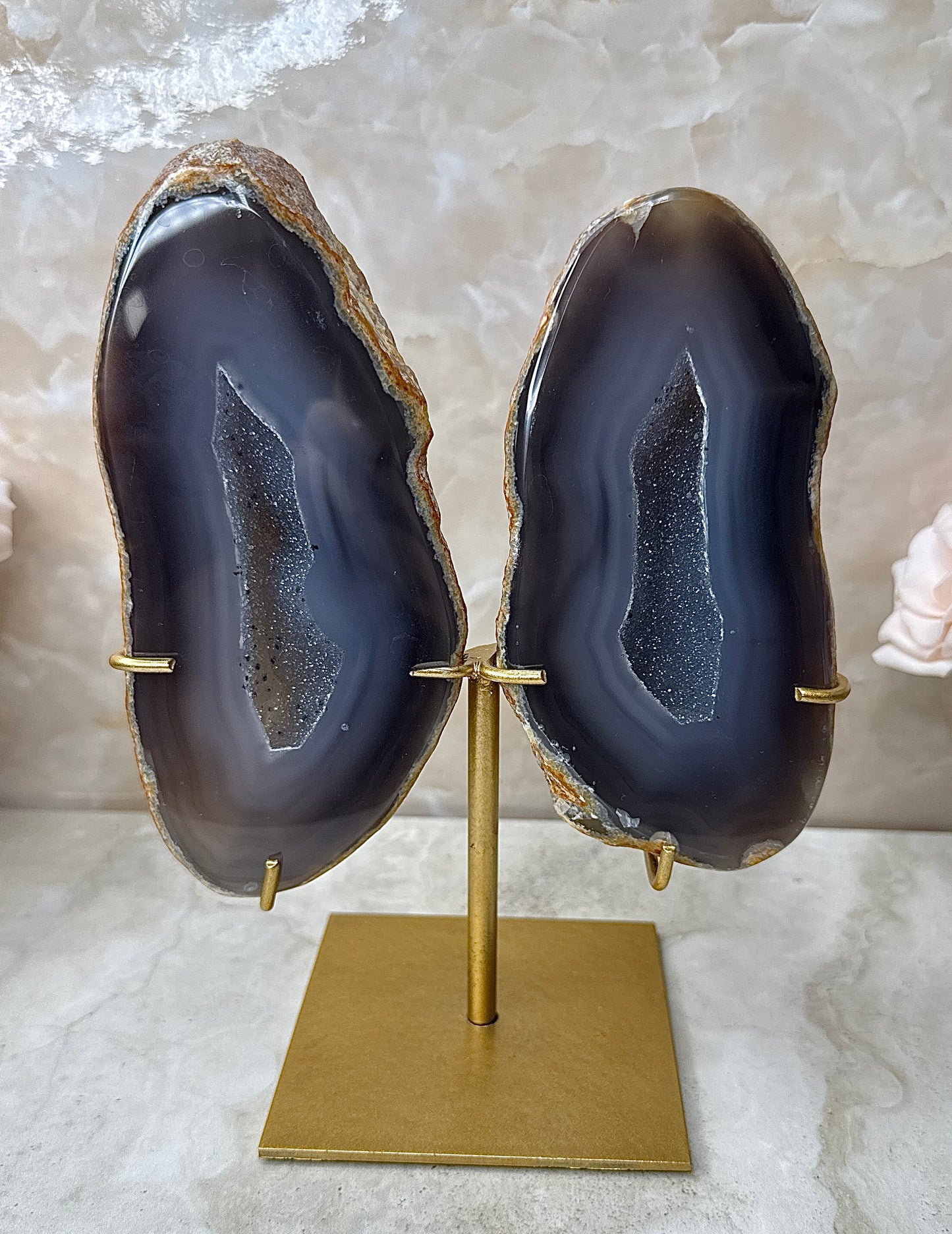 Agate Wings on Gold Stand