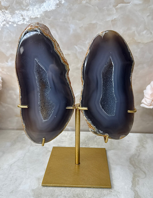Agate Wings on Gold Stand