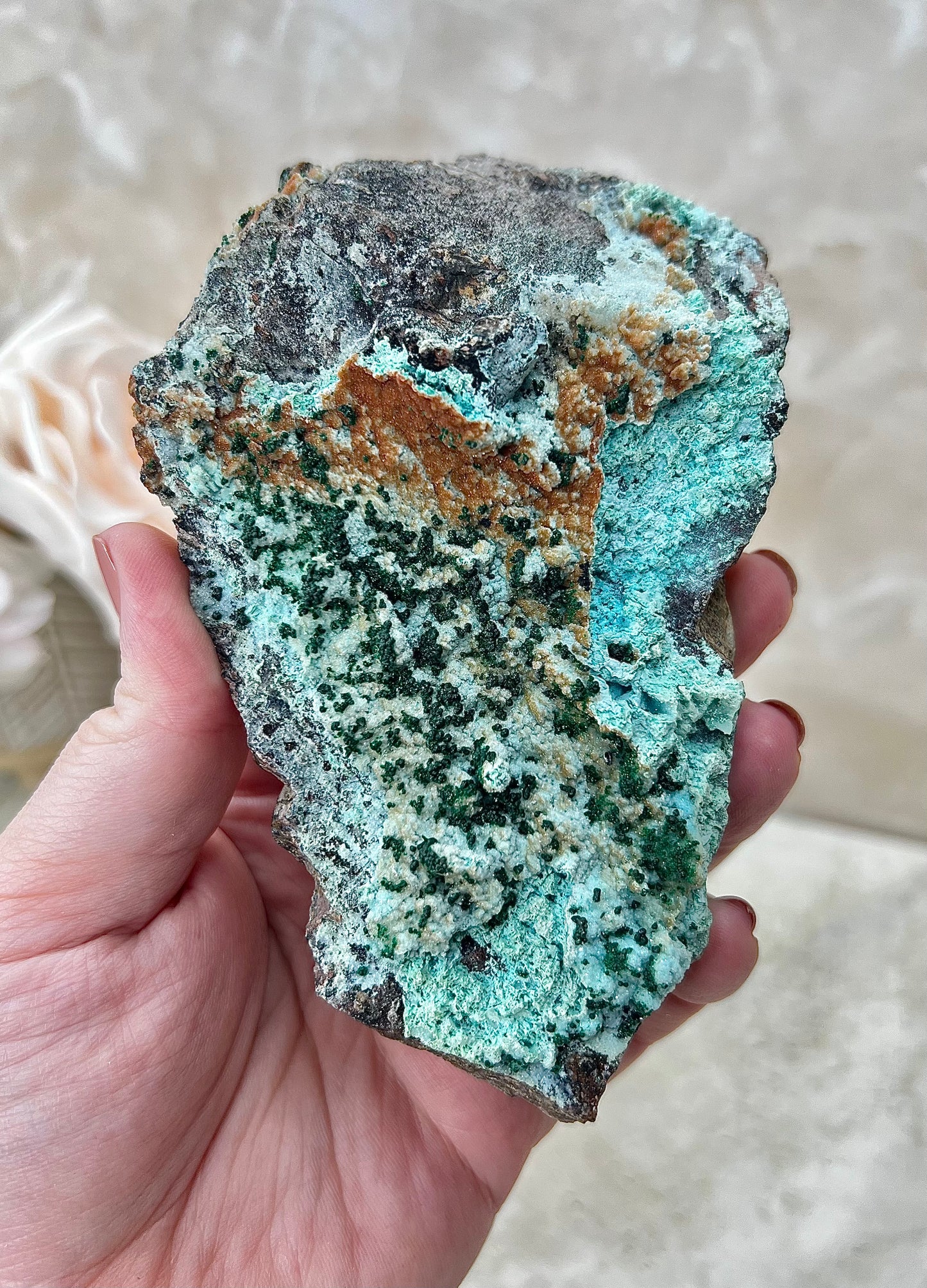 Chrysocolla, Malachite and Druzy Quartz Cluster from the Congo