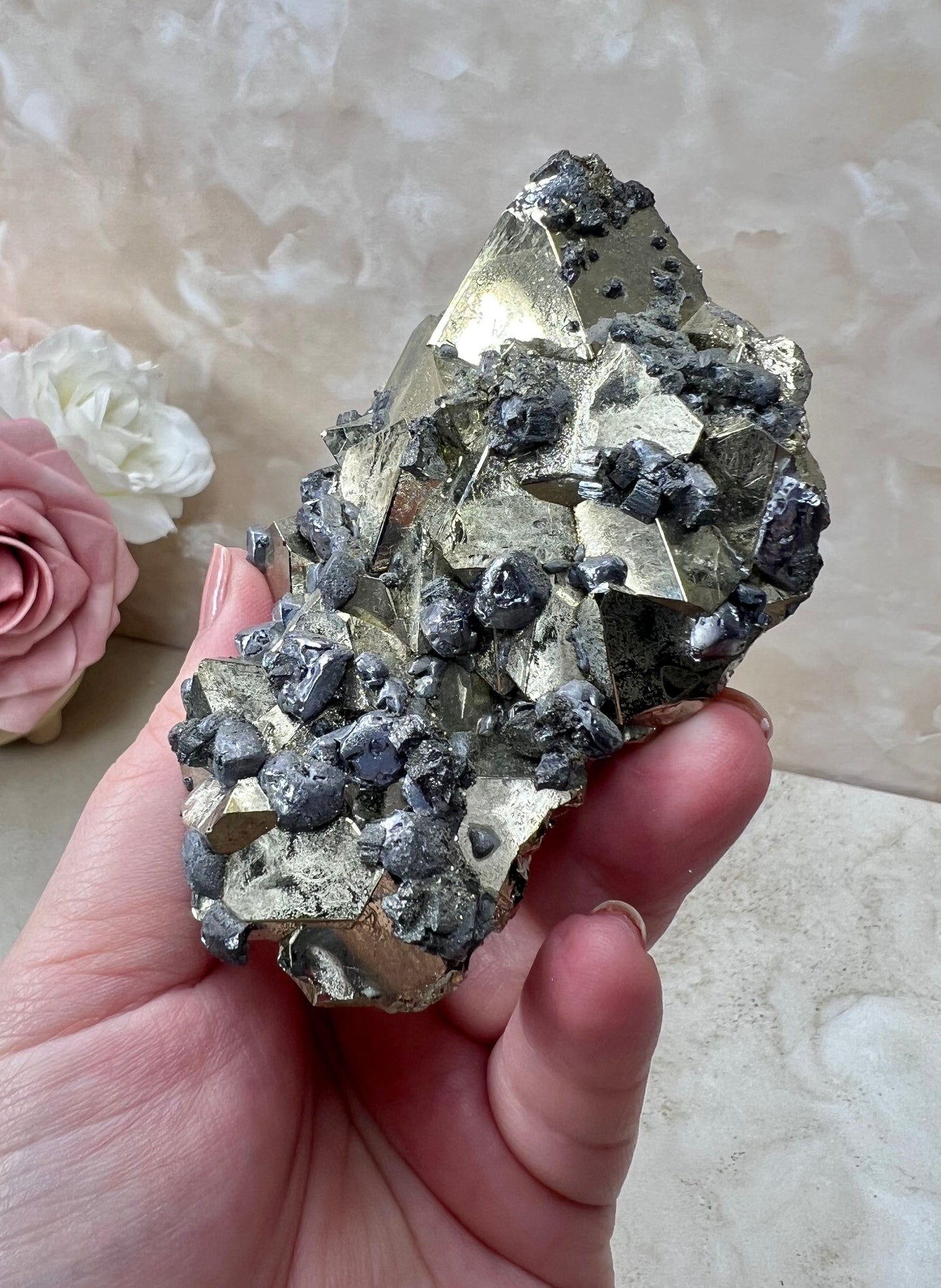 Octahedral Peruvian Pyrite with Galena Cluster