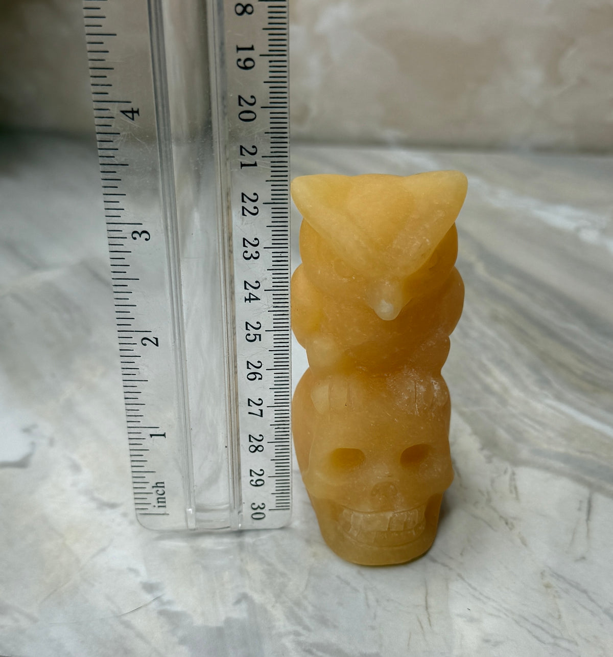Orange Calcite Owl & Skull Carving