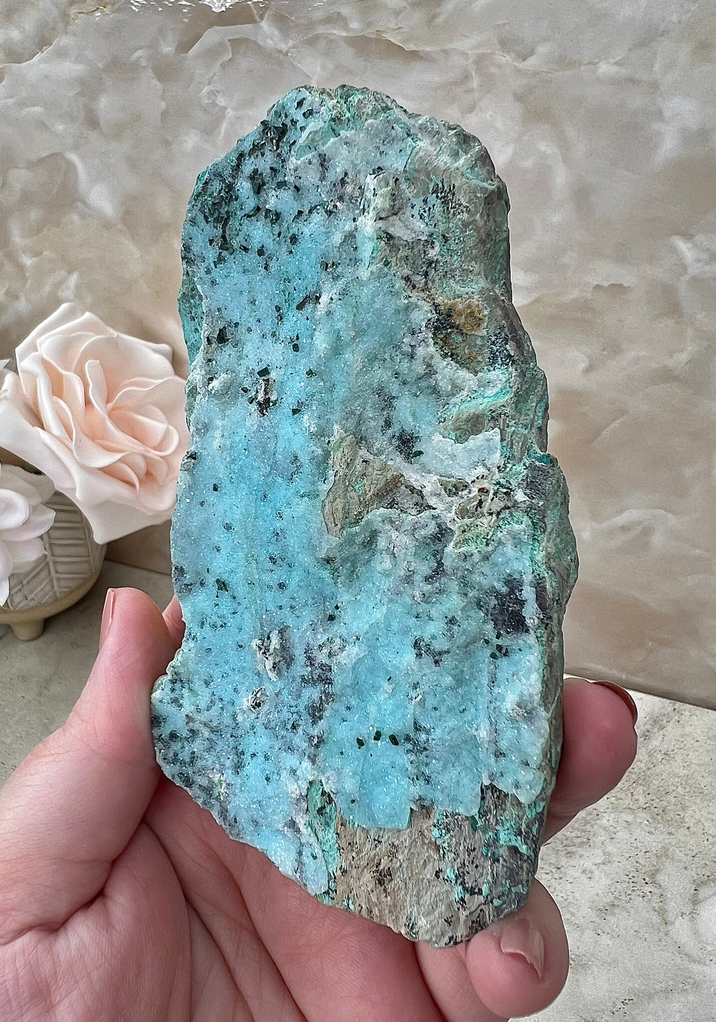 Chrysocolla, Malachite and Druzy Quartz Cluster from the Congo