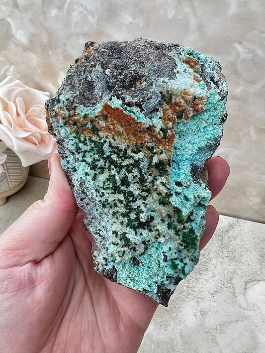 Chrysocolla, Malachite and Druzy Quartz Cluster from the Congo