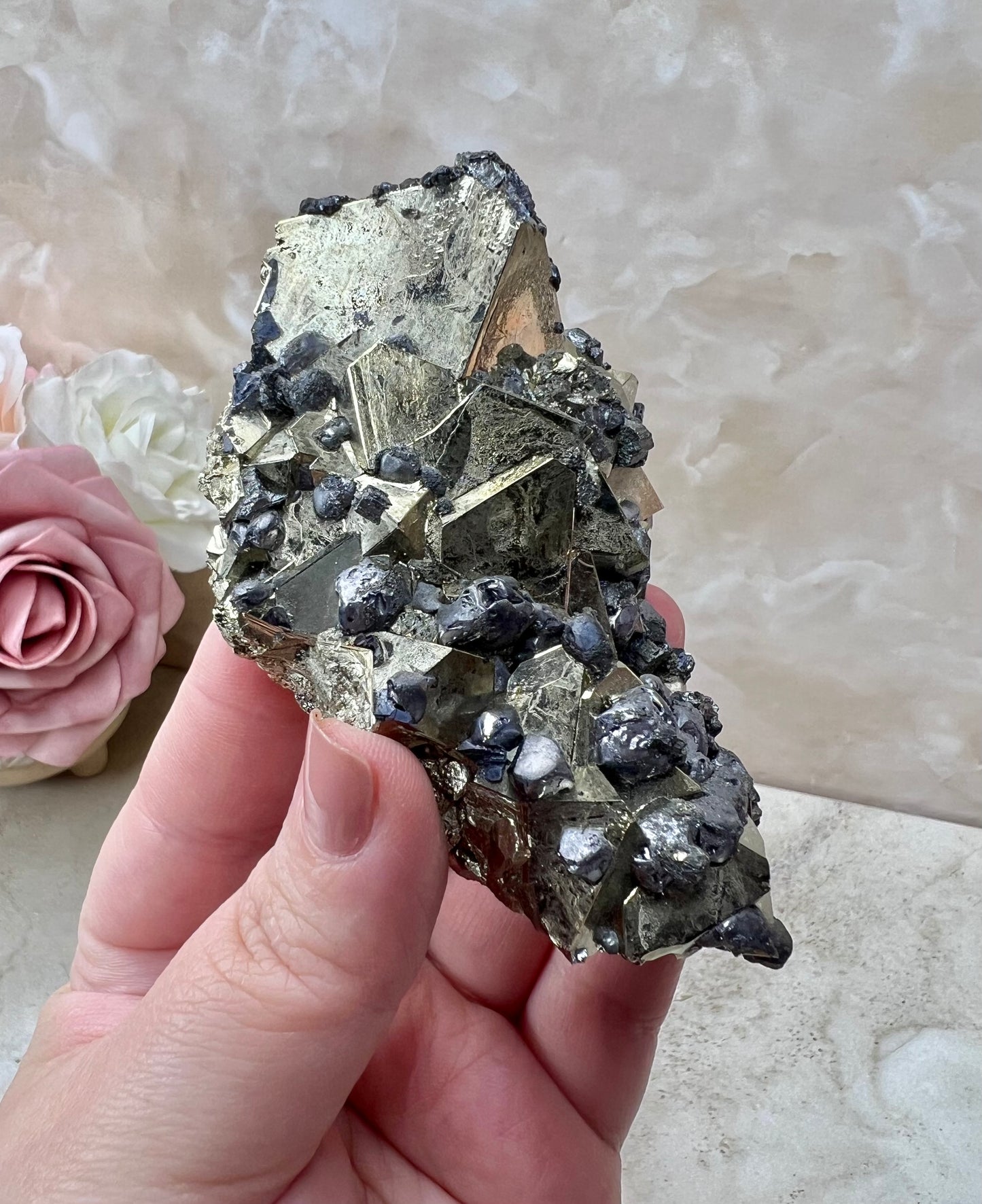 Octahedral Peruvian Pyrite with Galena Cluster