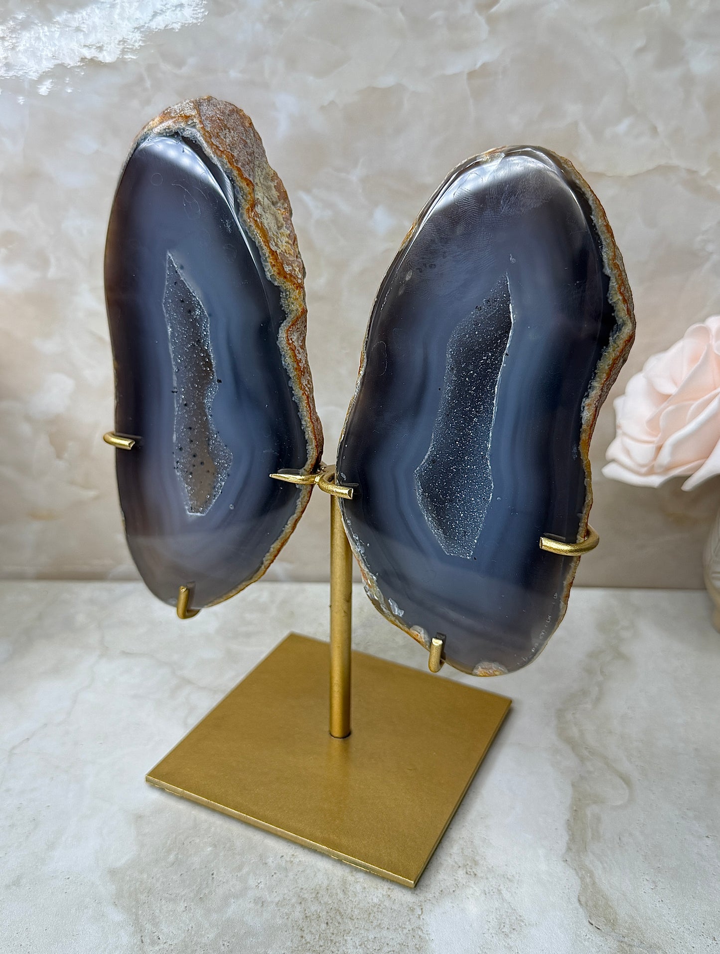 Agate Wings on Gold Stand