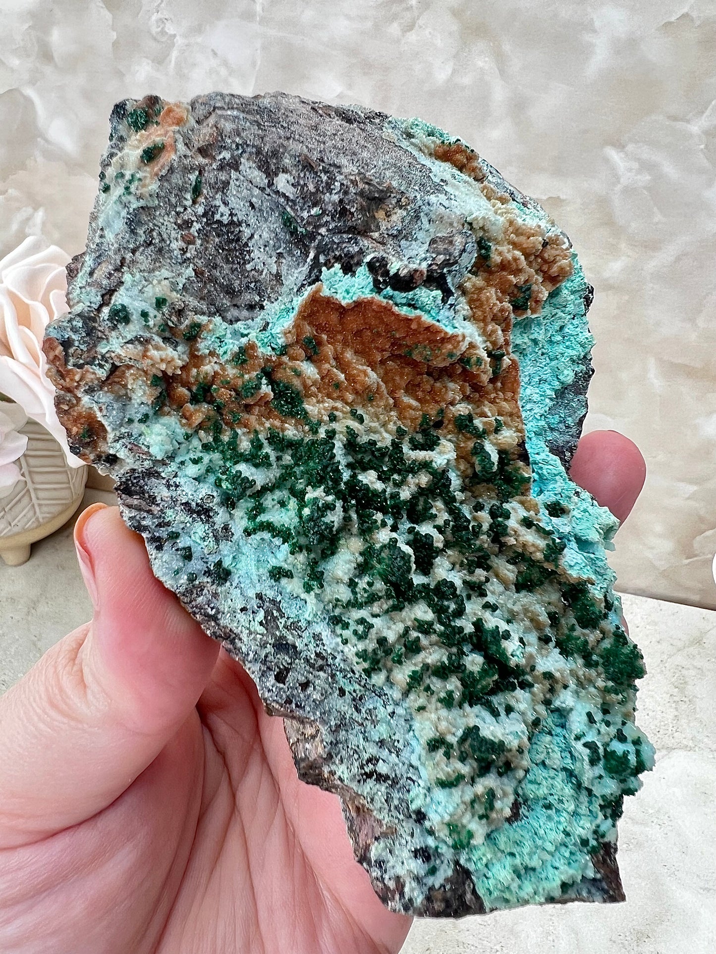 Chrysocolla, Malachite and Druzy Quartz Cluster from the Congo