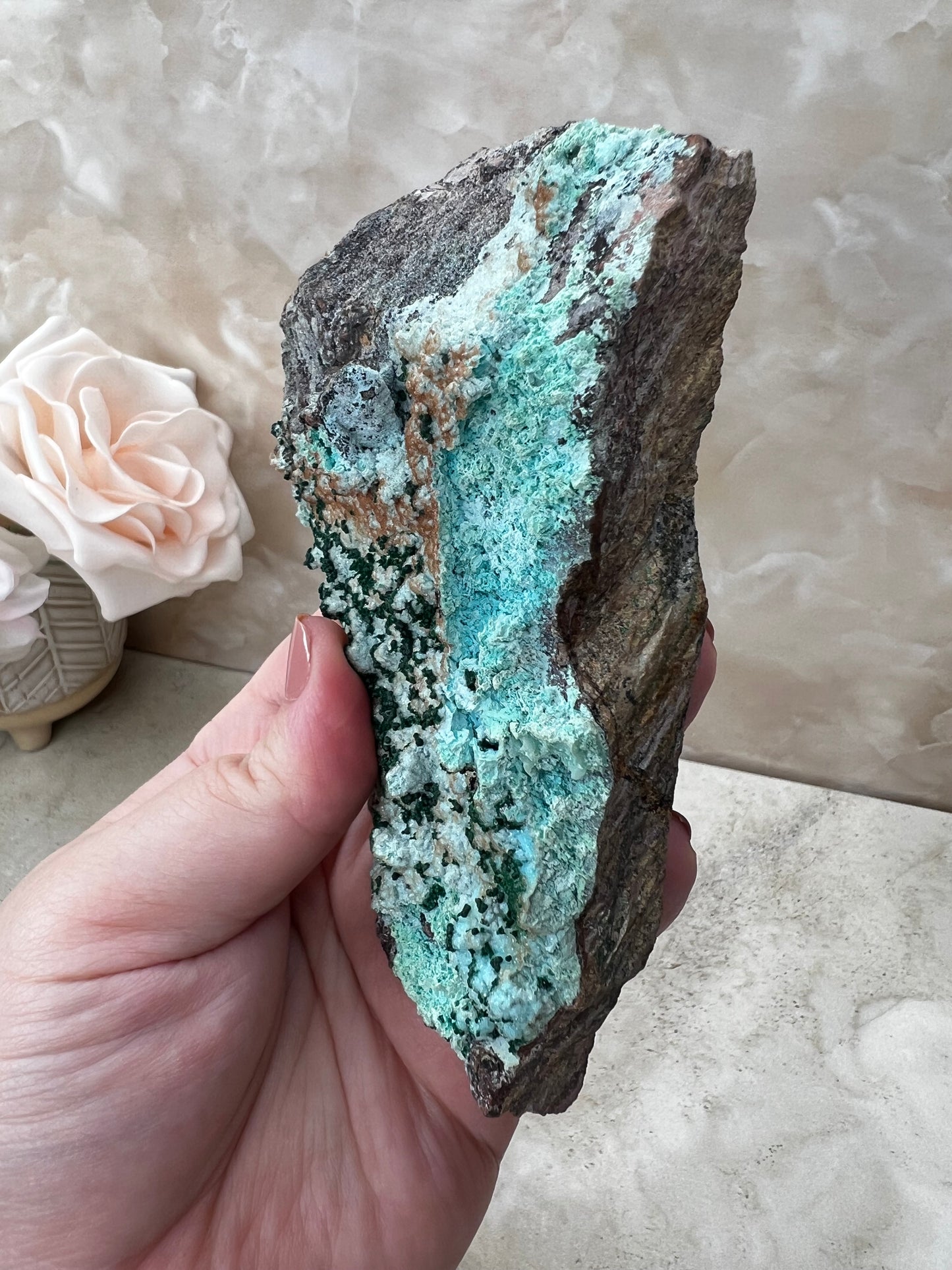 Chrysocolla, Malachite and Druzy Quartz Cluster from the Congo