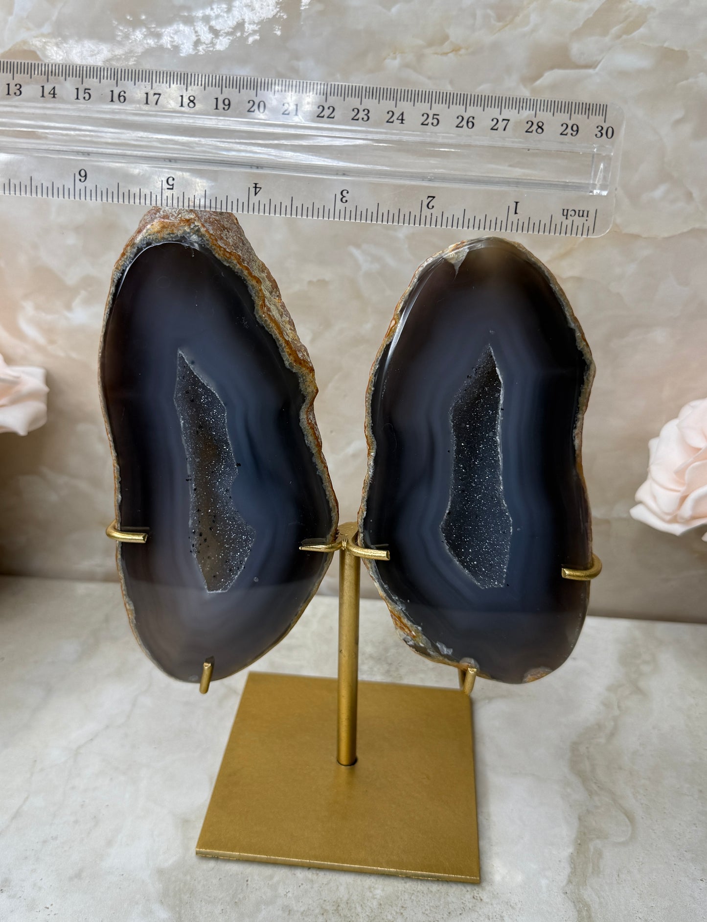 Agate Wings on Gold Stand