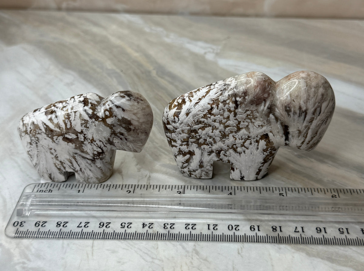 Snow Plum Agate Buffalo Carving