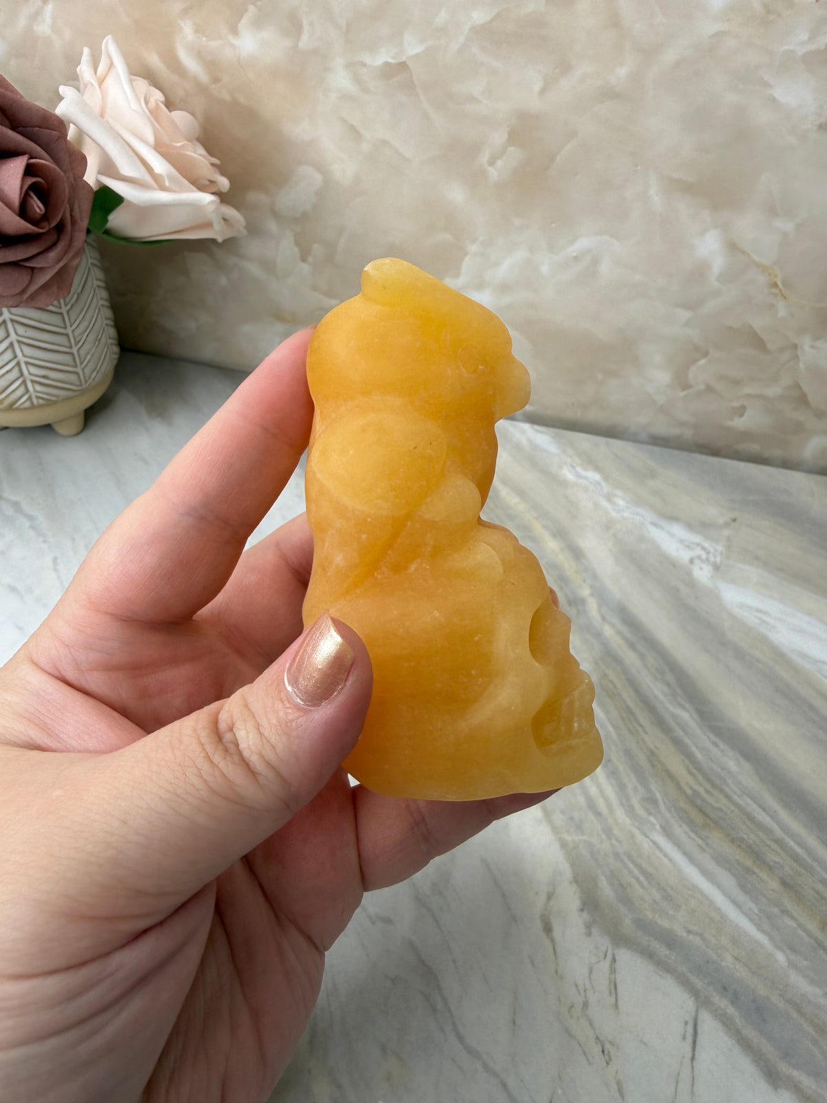 Orange Calcite Owl & Skull Carving