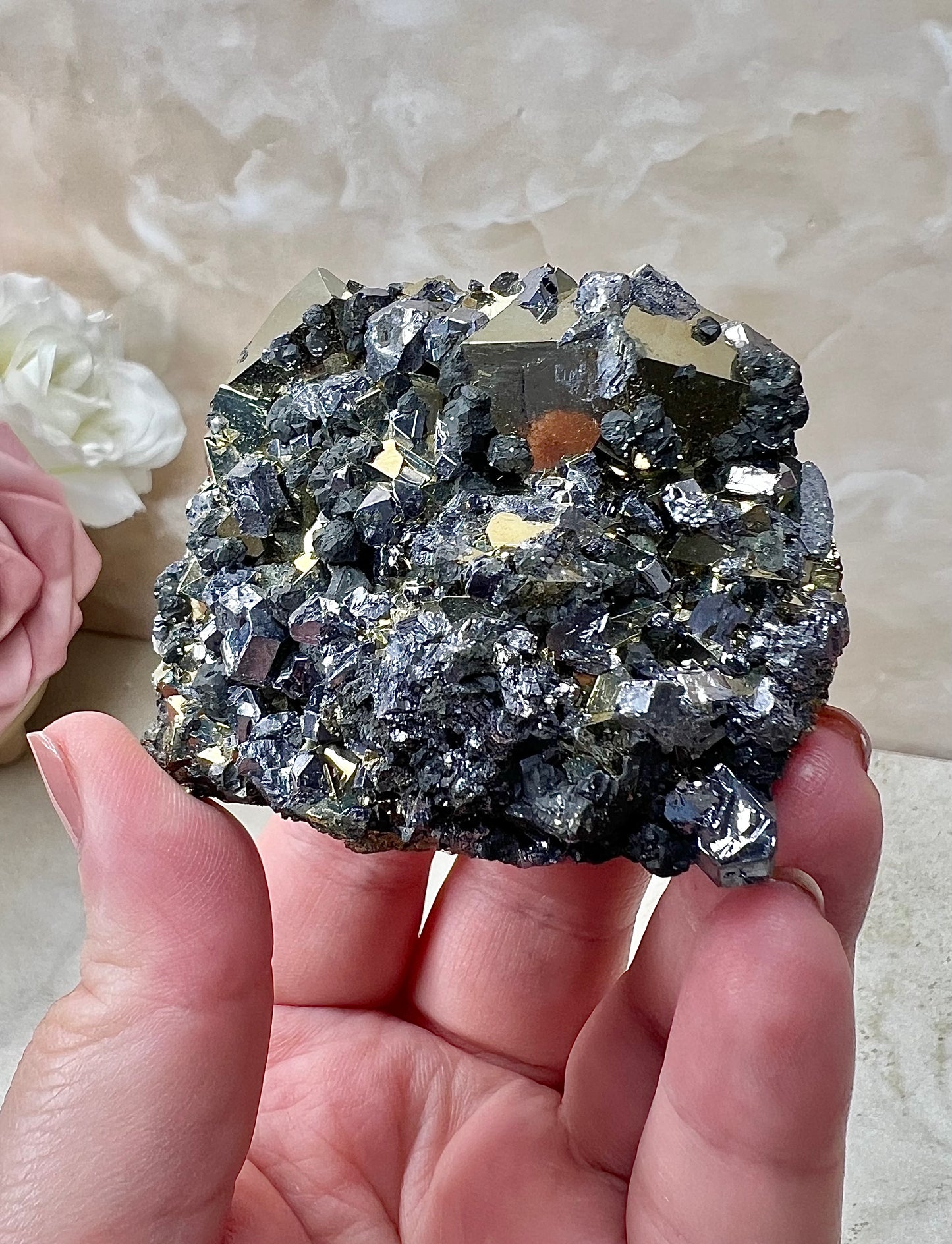 Octahedral Peruvian Pyrite with Galena Cluster