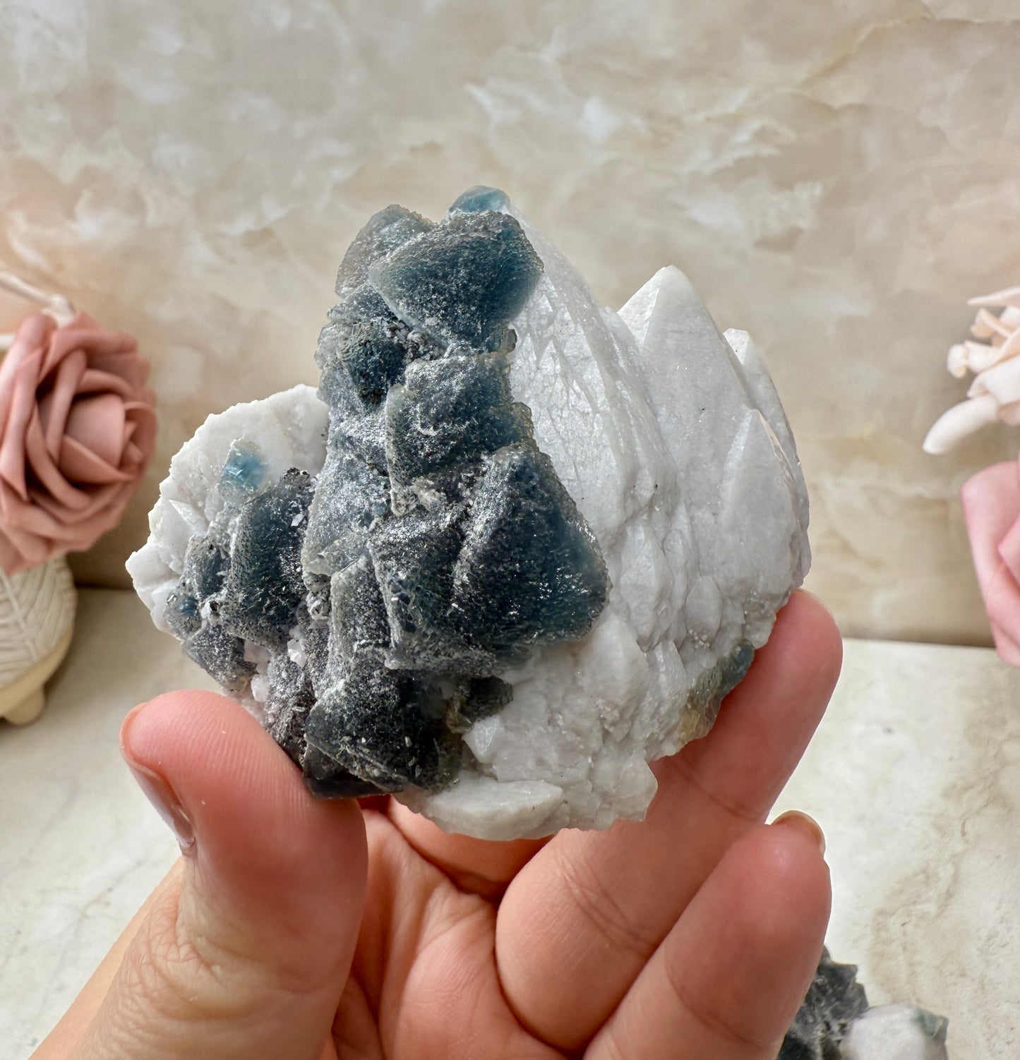 Octohedrical Fluorite on Candle Quartz