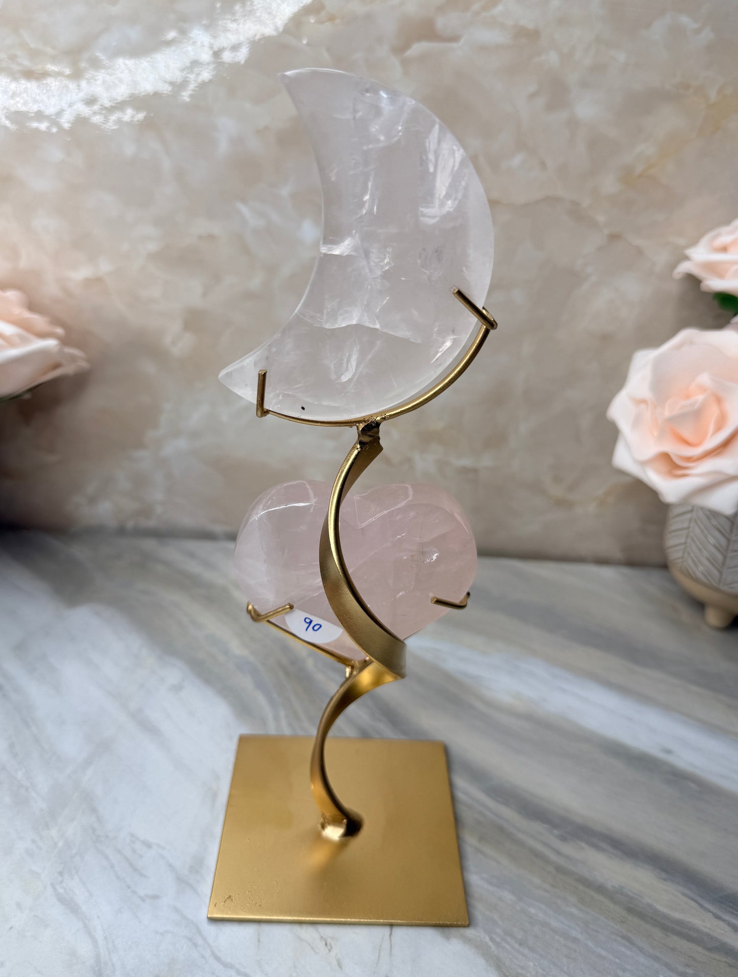 Custom Girasol Rose Quartz Moon & Heart from Brazil