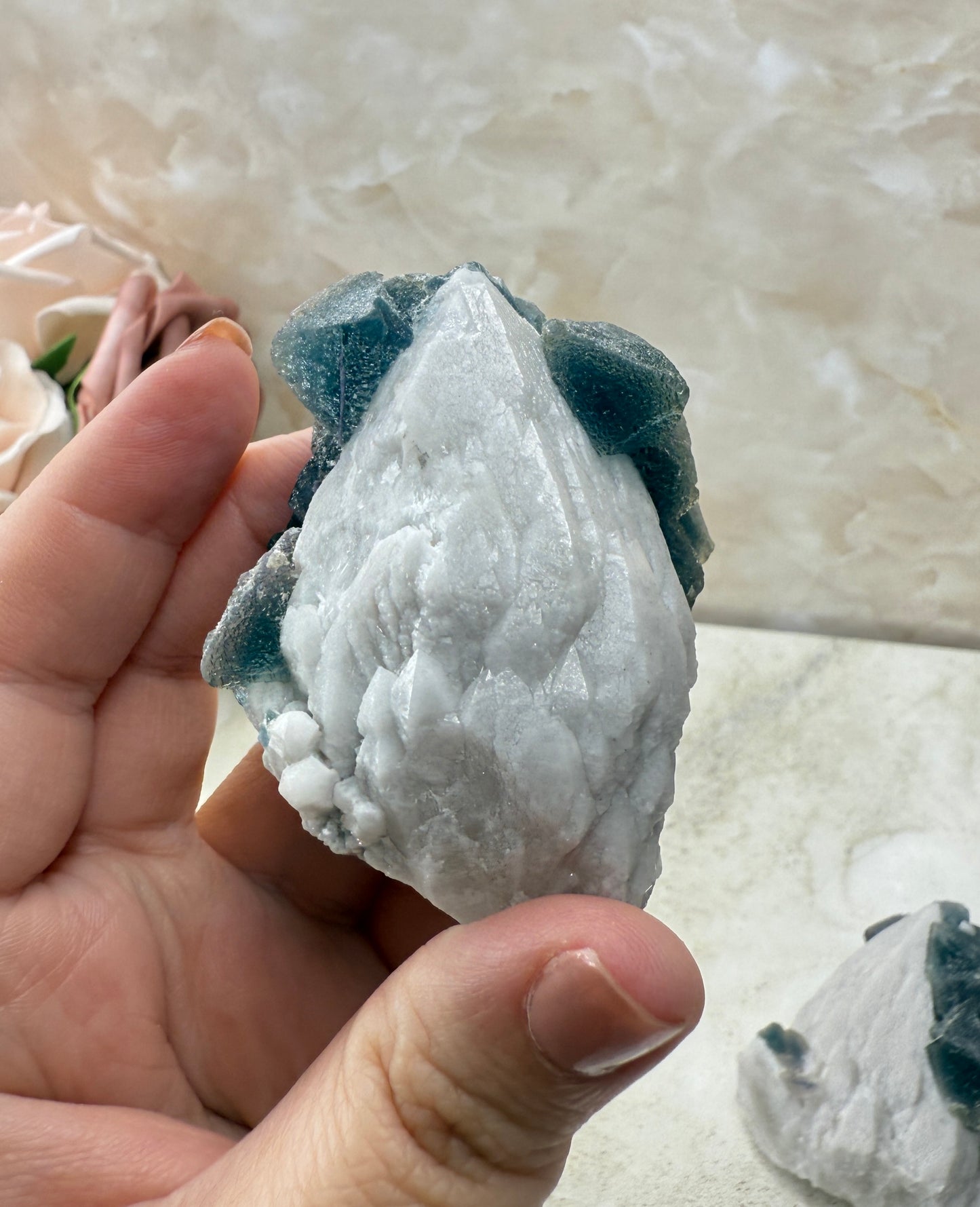 Octohedrical Fluorite on Candle Quartz