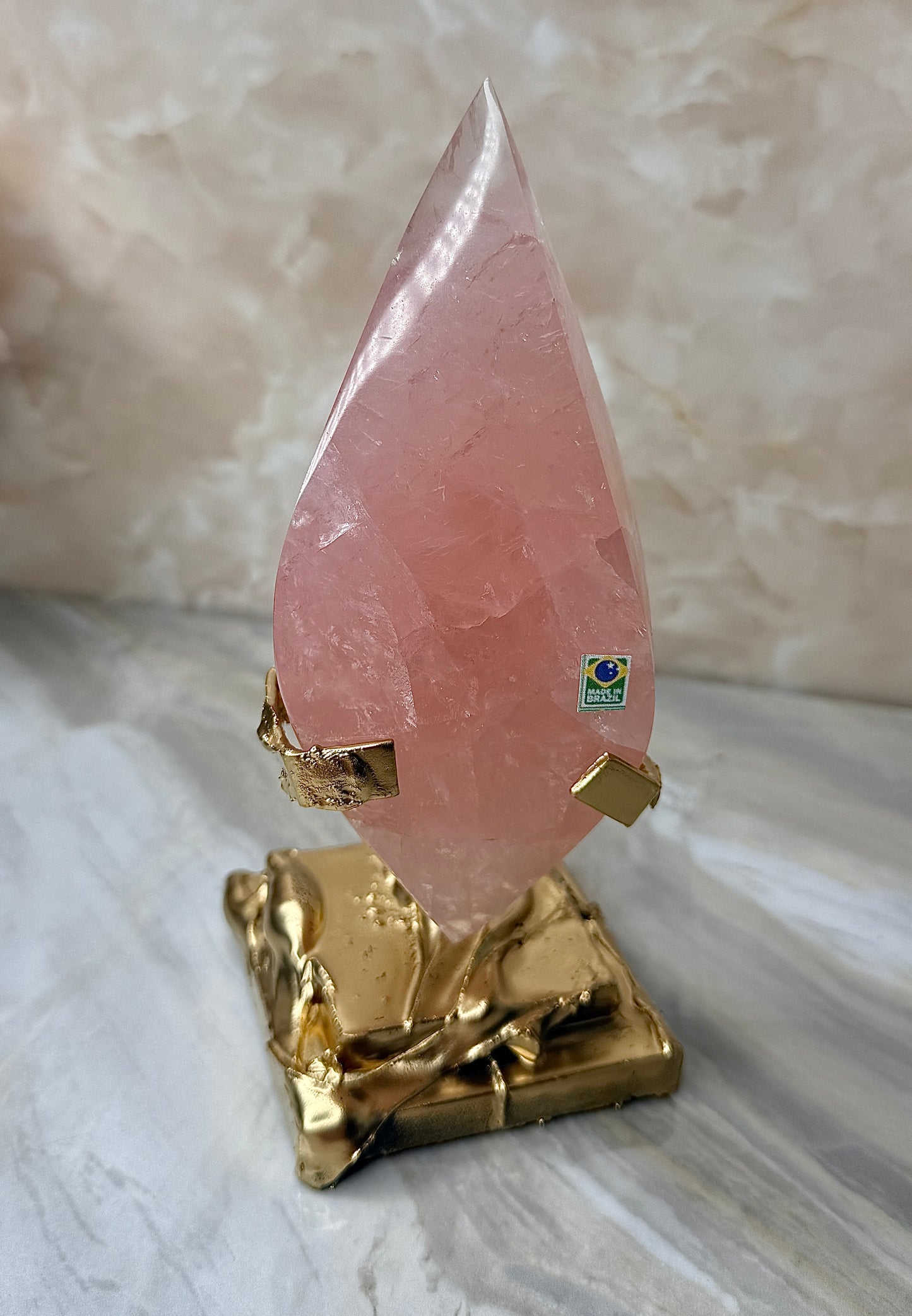 Rose Quartz Double Flame on Gold Stand from Brazil