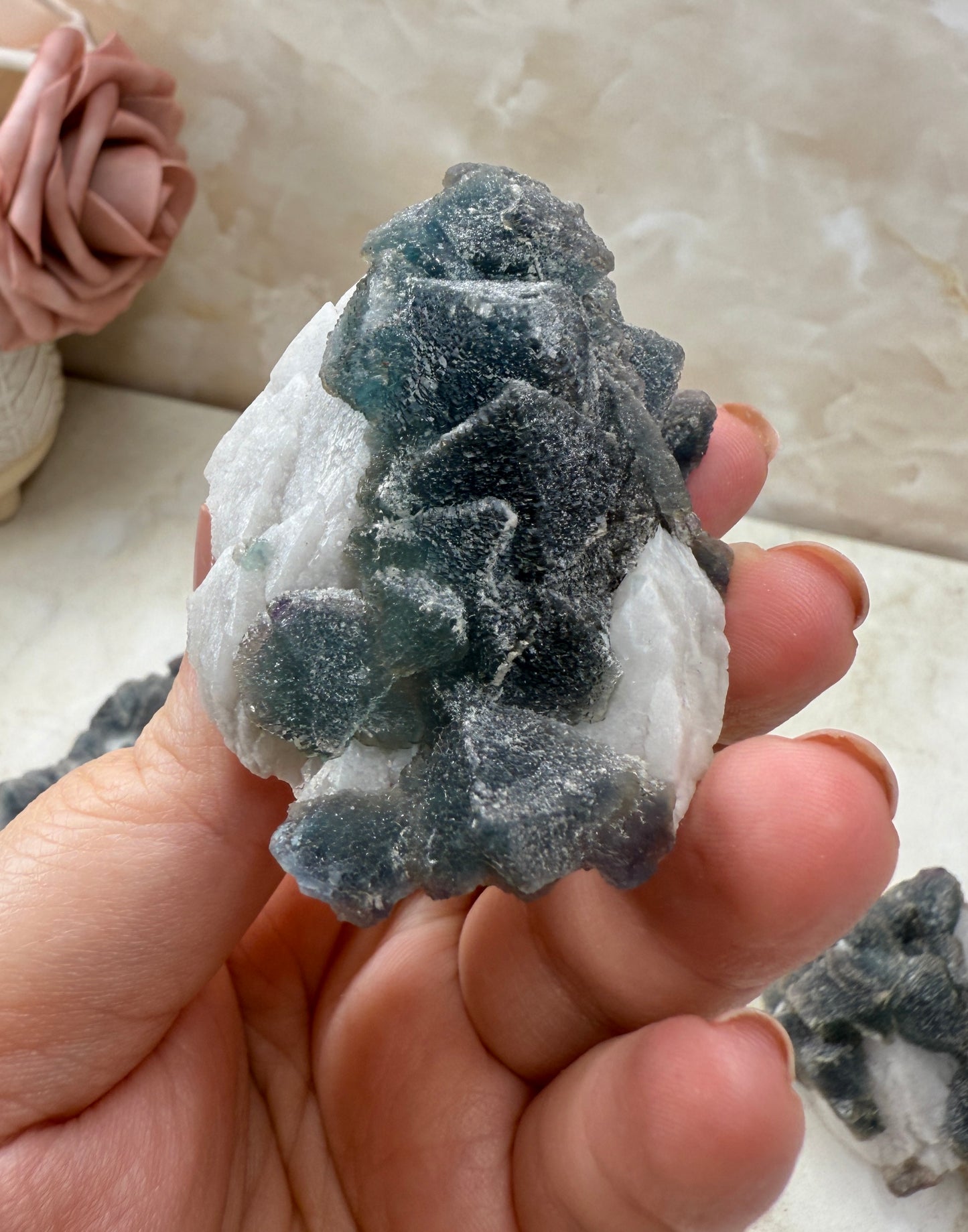Octohedrical Fluorite on Candle Quartz