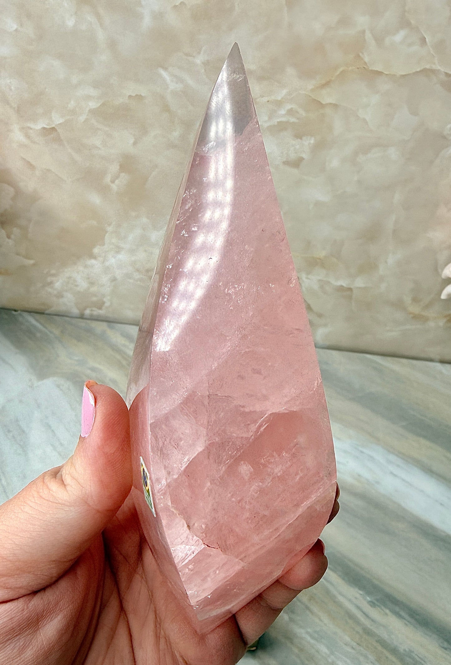 Rose Quartz Double Flame on Gold Stand from Brazil