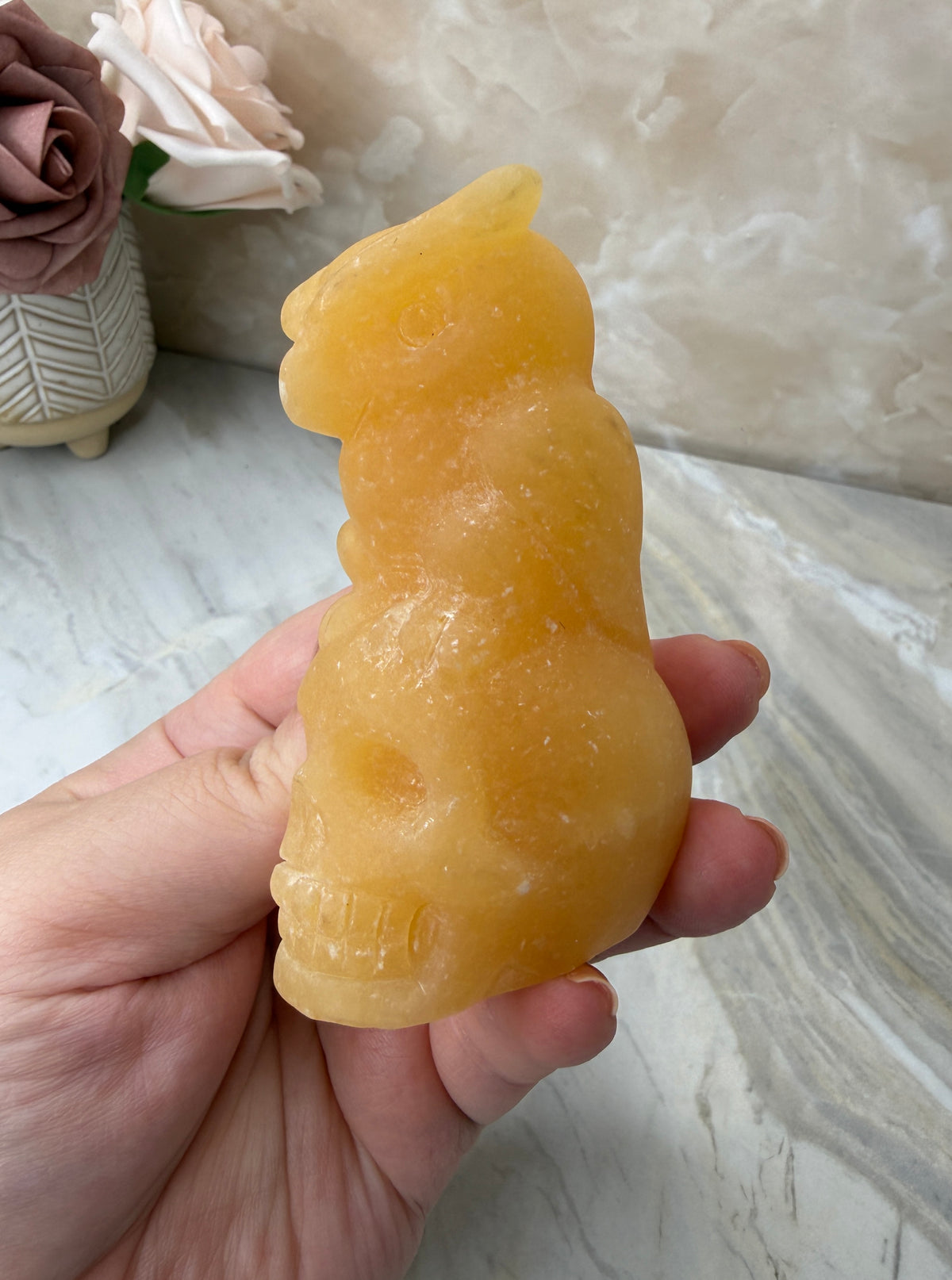 Orange Calcite Owl & Skull Carving