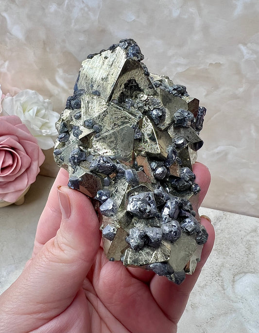 Octahedral Peruvian Pyrite with Galena Cluster