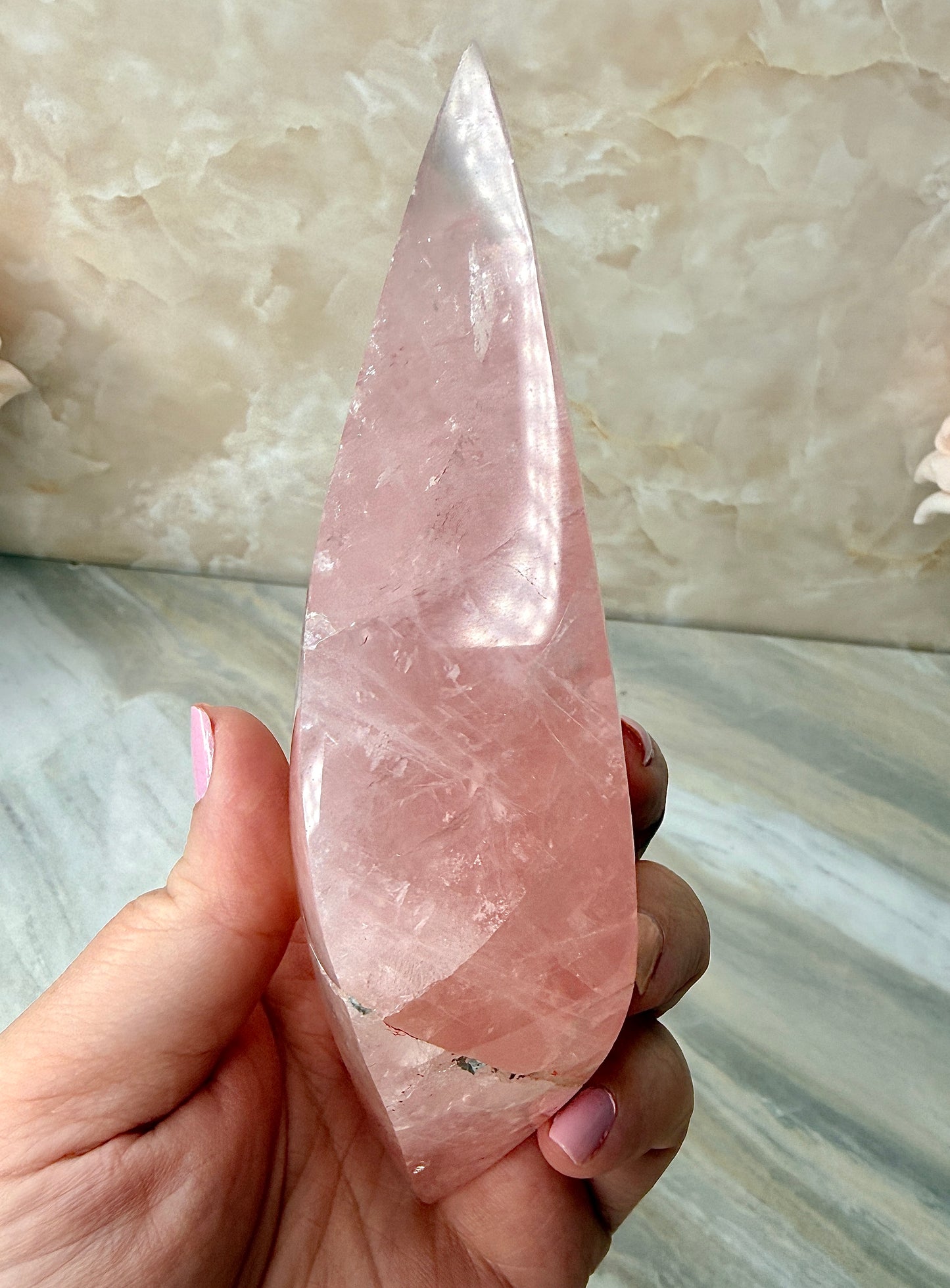 Rose Quartz Double Flame on Gold Stand from Brazil
