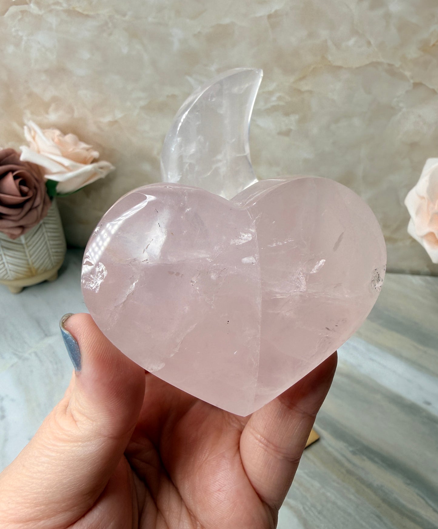 Custom Girasol Rose Quartz Moon & Heart from Brazil