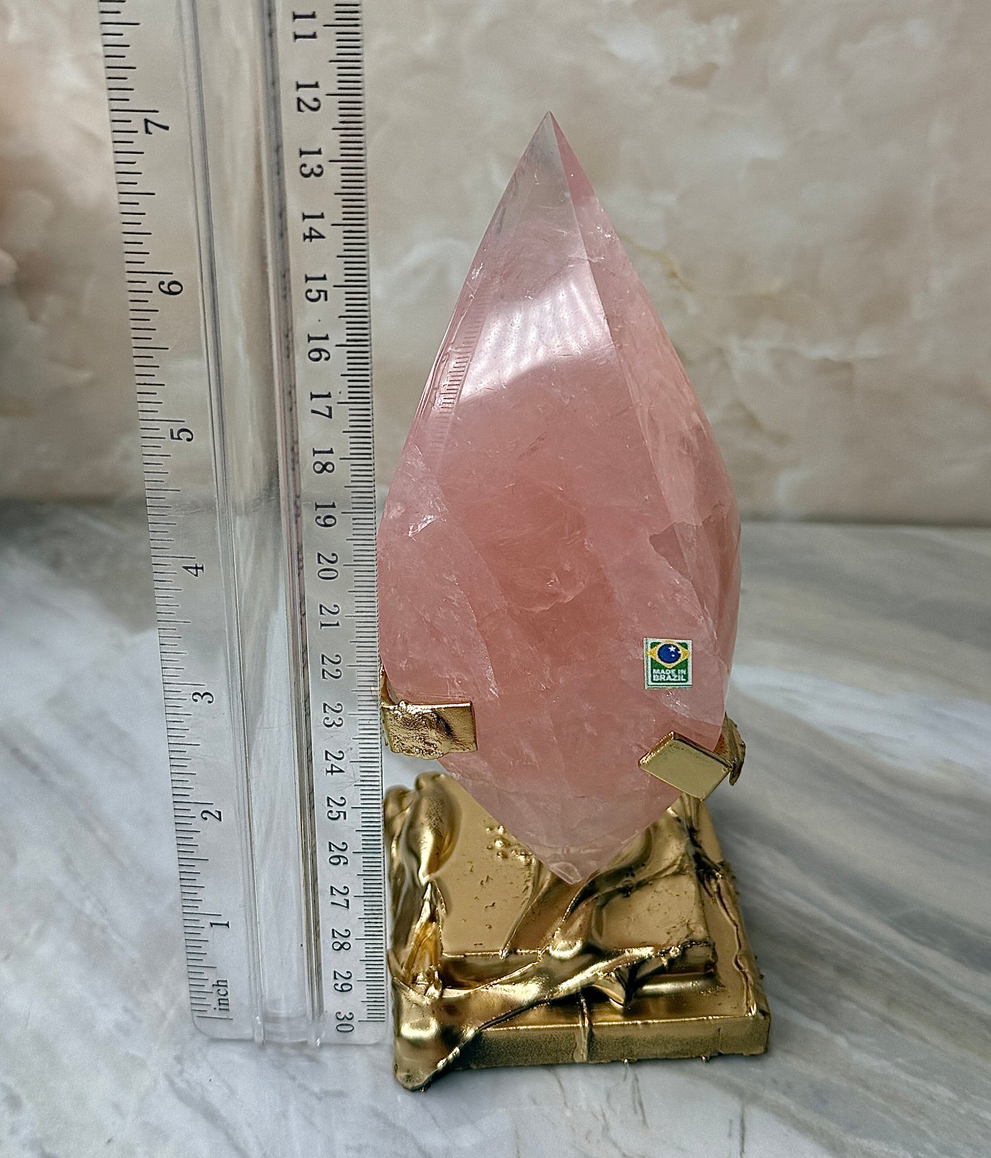 Rose Quartz Double Flame on Gold Stand from Brazil