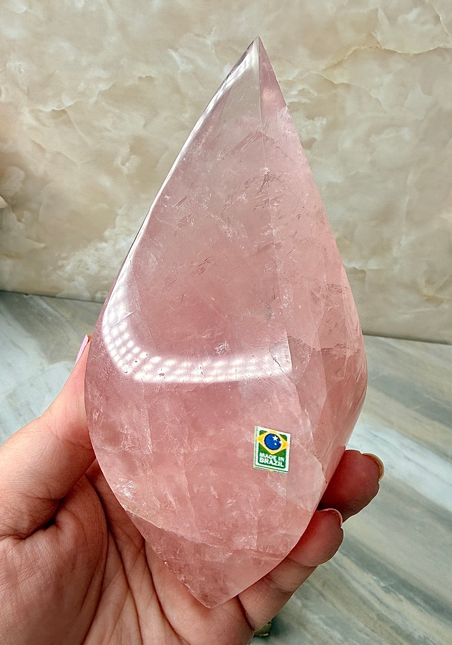 Rose Quartz Double Flame on Gold Stand from Brazil