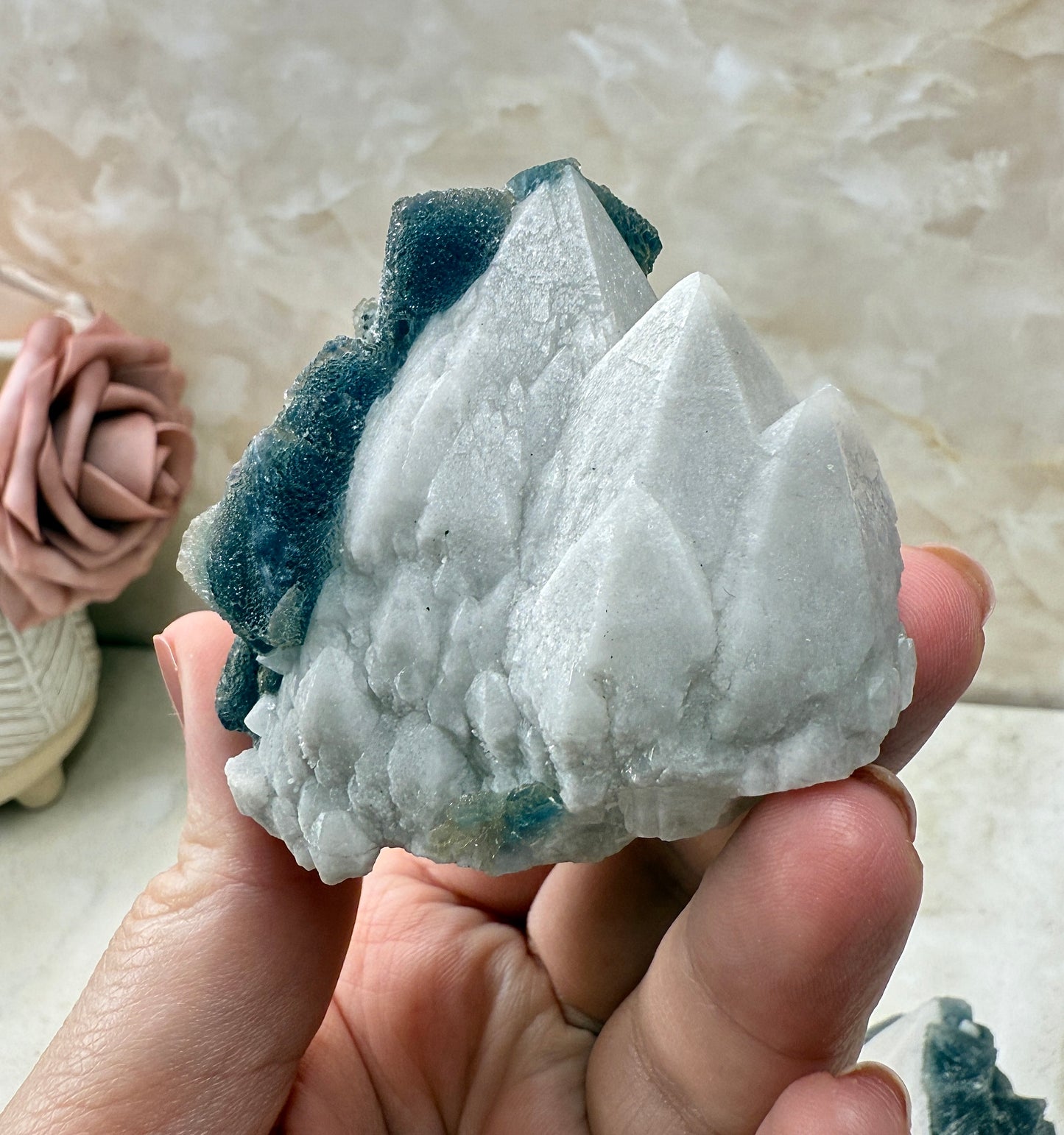 Octohedrical Fluorite on Candle Quartz