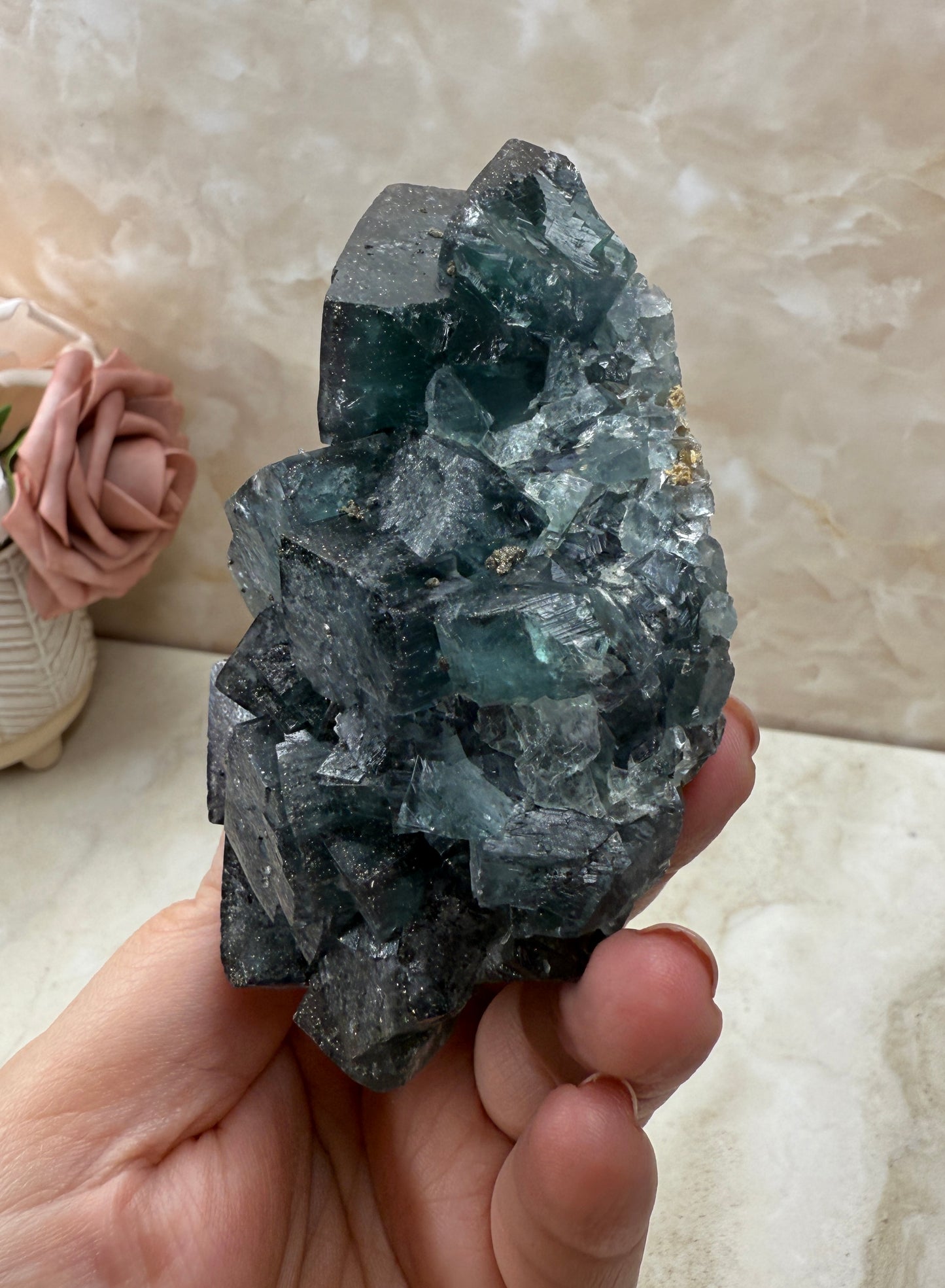 Blue & Green UV Reactive Fluorite with Pyrite - Nigeria