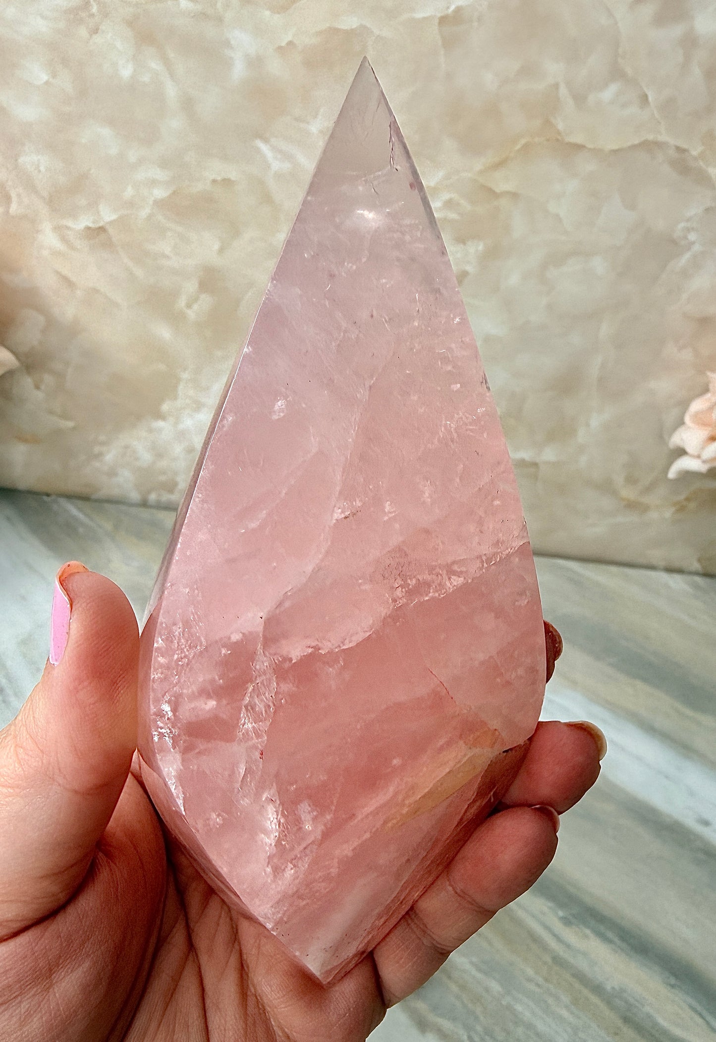 Rose Quartz Double Flame on Gold Stand from Brazil