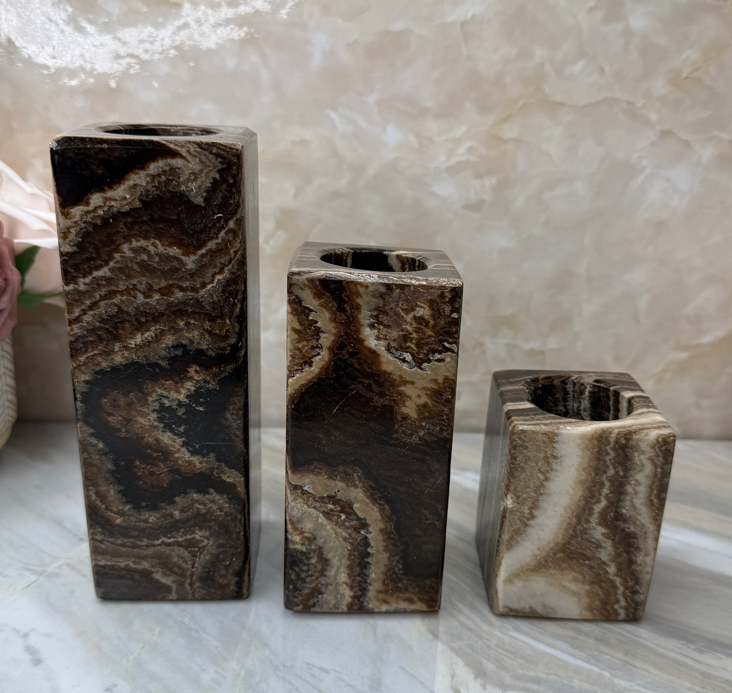 Chocolate Calcite Candle Holder Set
