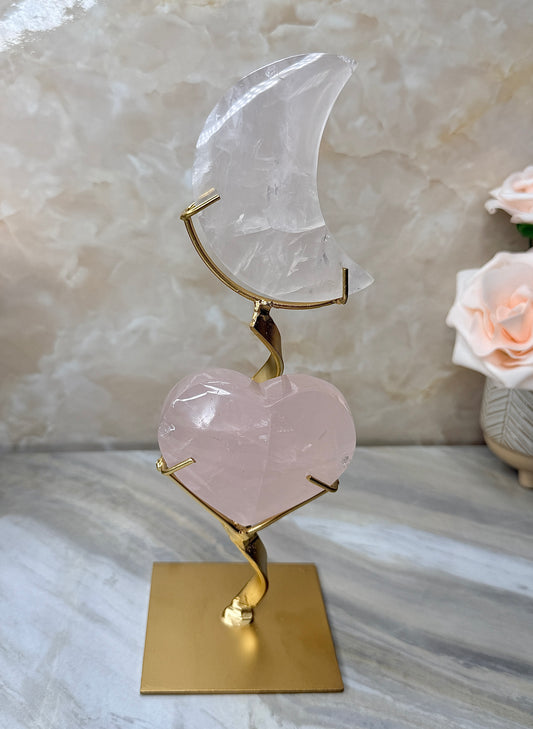 Custom Girasol Rose Quartz Moon & Heart from Brazil