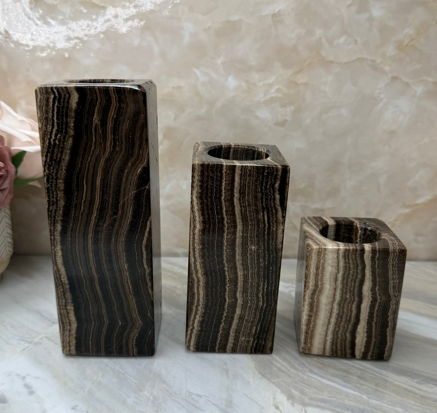 Chocolate Calcite Candle Holder Set