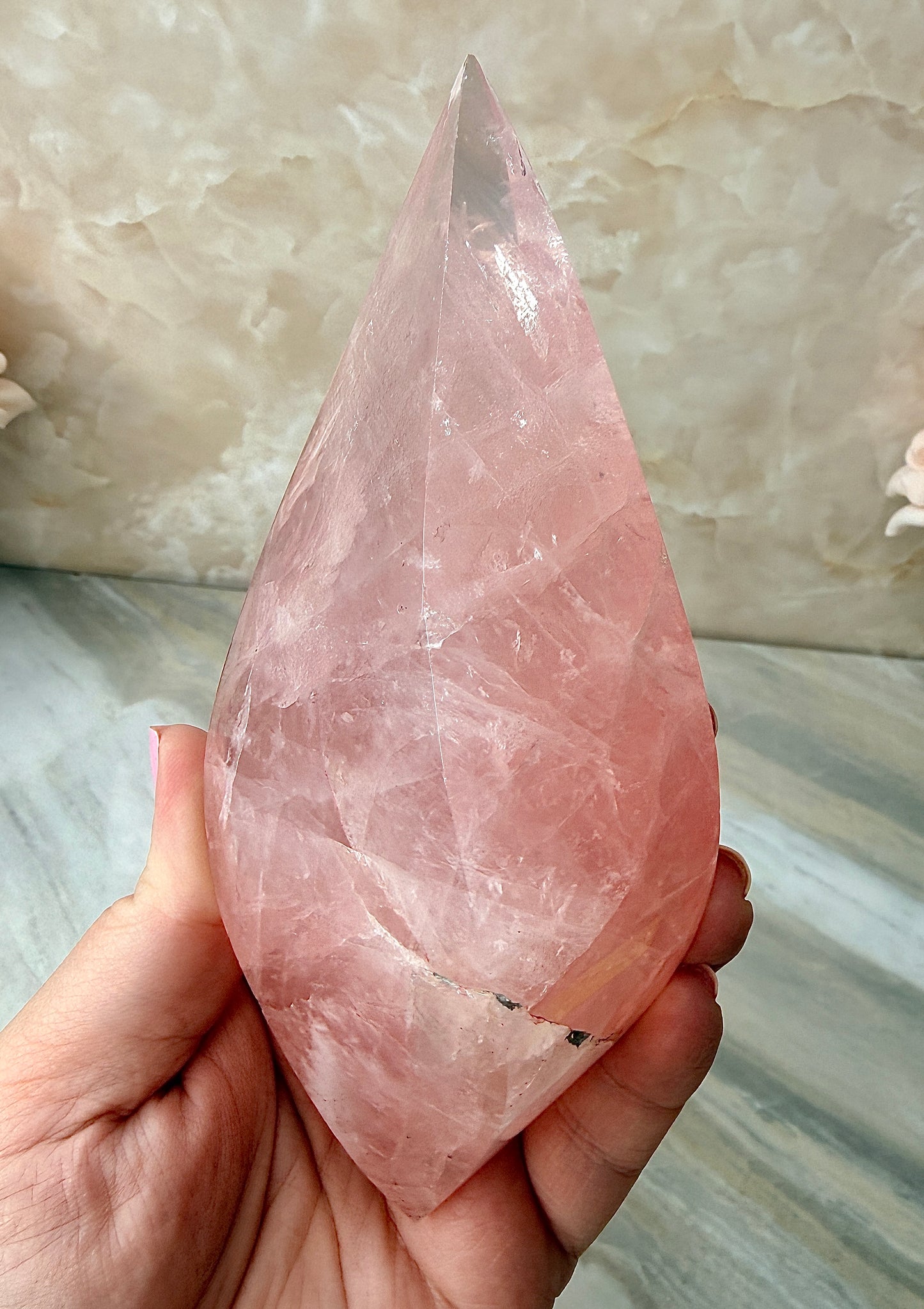 Rose Quartz Double Flame on Gold Stand from Brazil