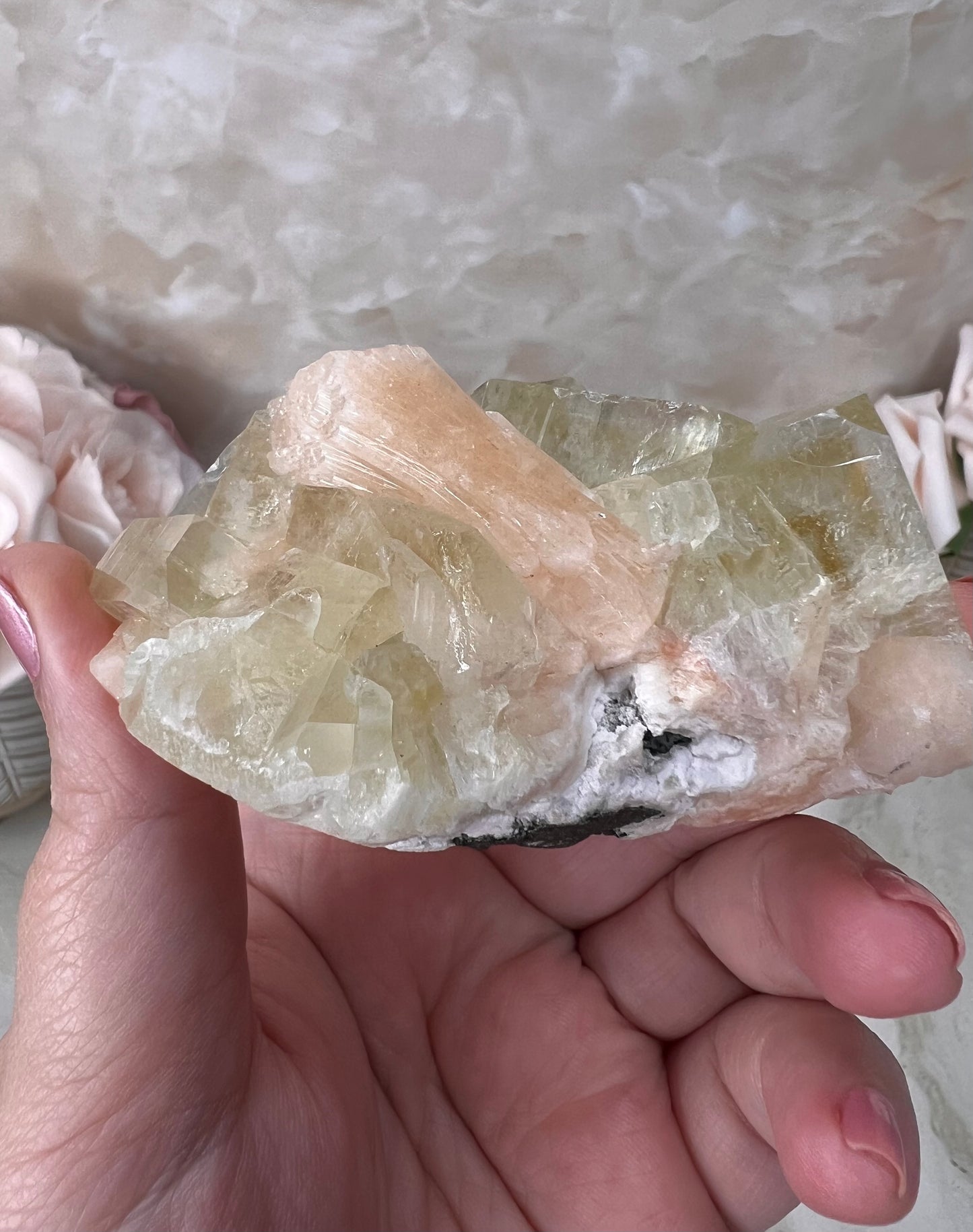 Green Apophyllite with Peach Stilbite