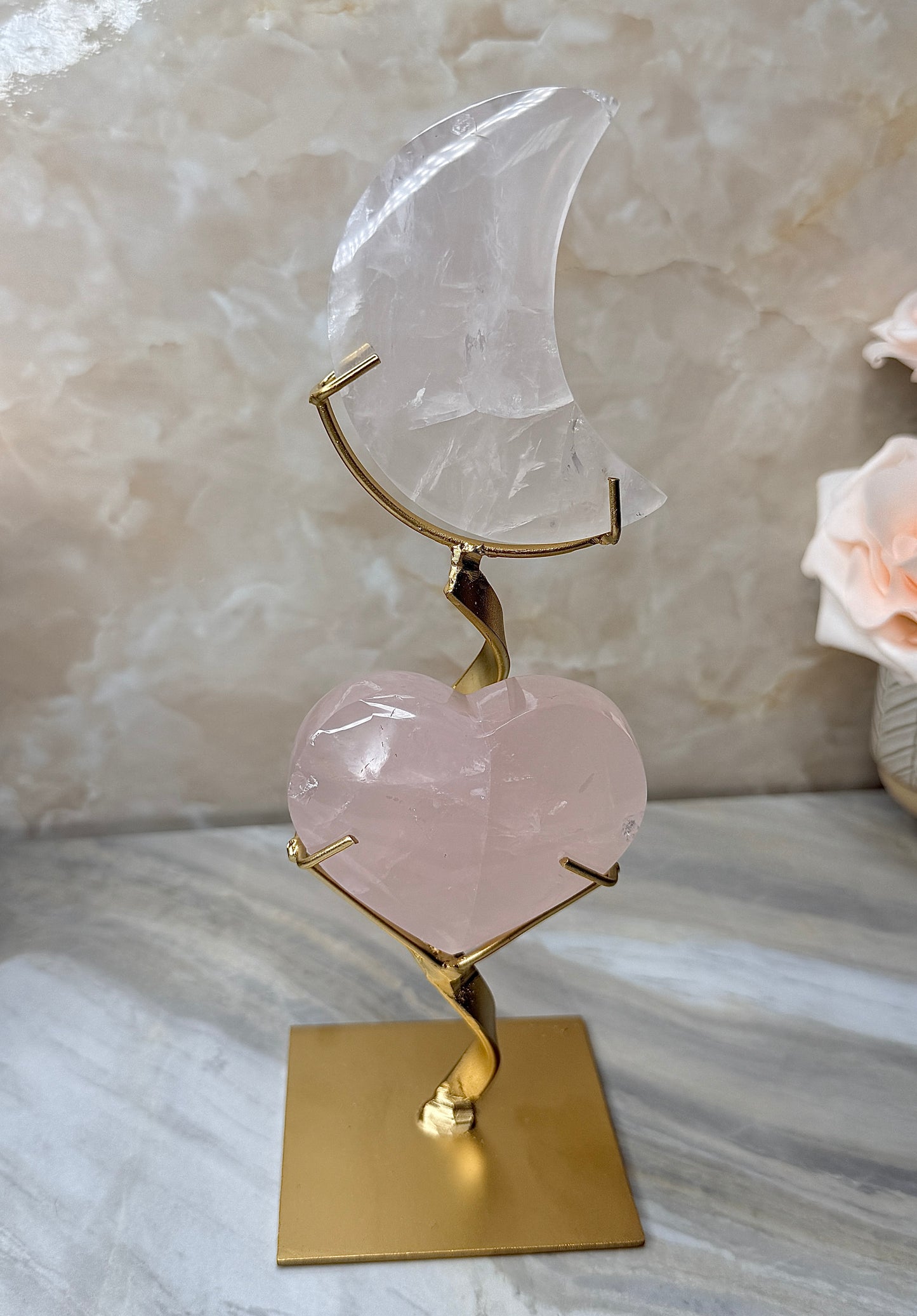 Custom Girasol Rose Quartz Moon & Heart from Brazil