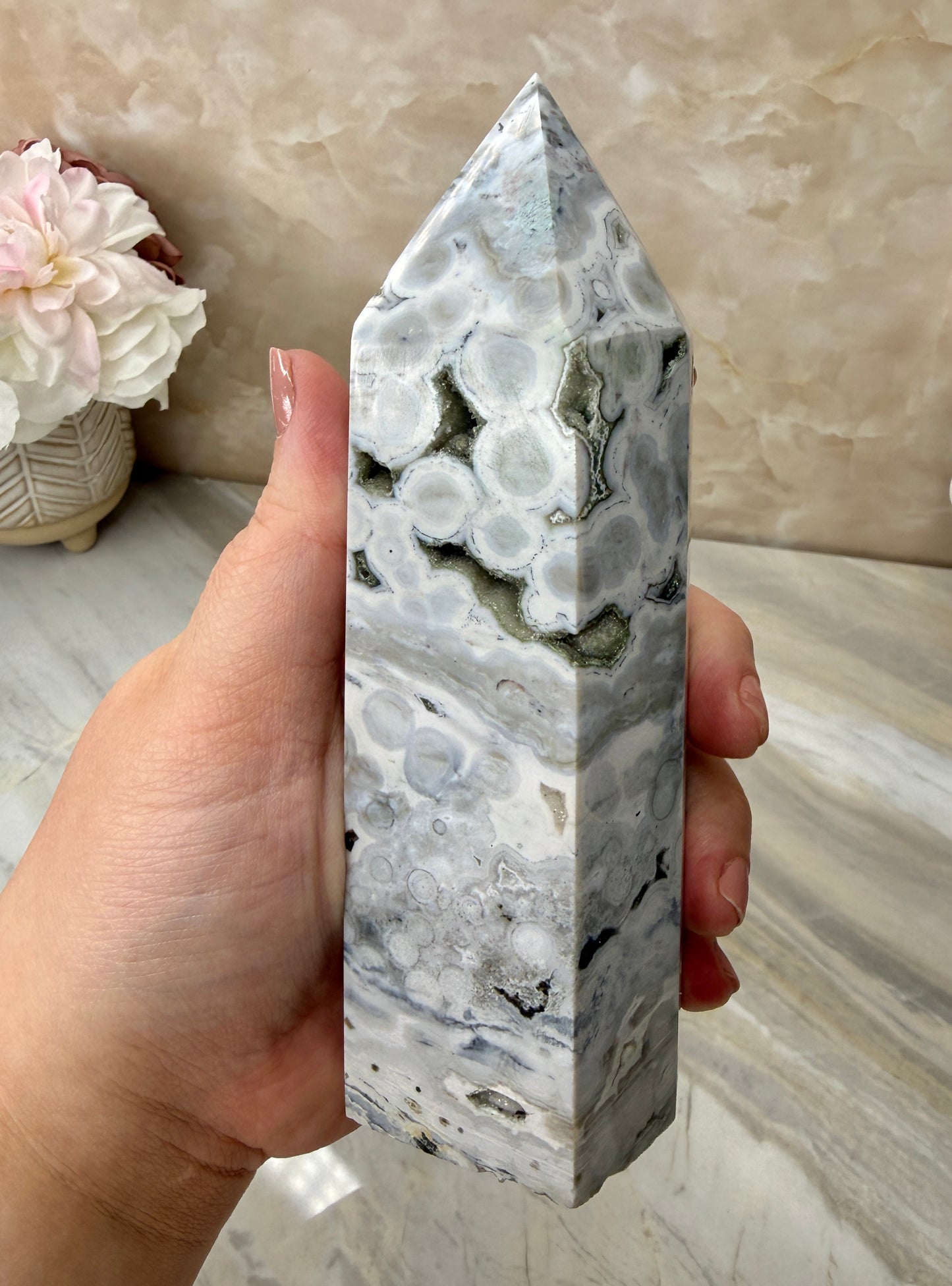 Druzy Orbicular Ocean Jasper Tower