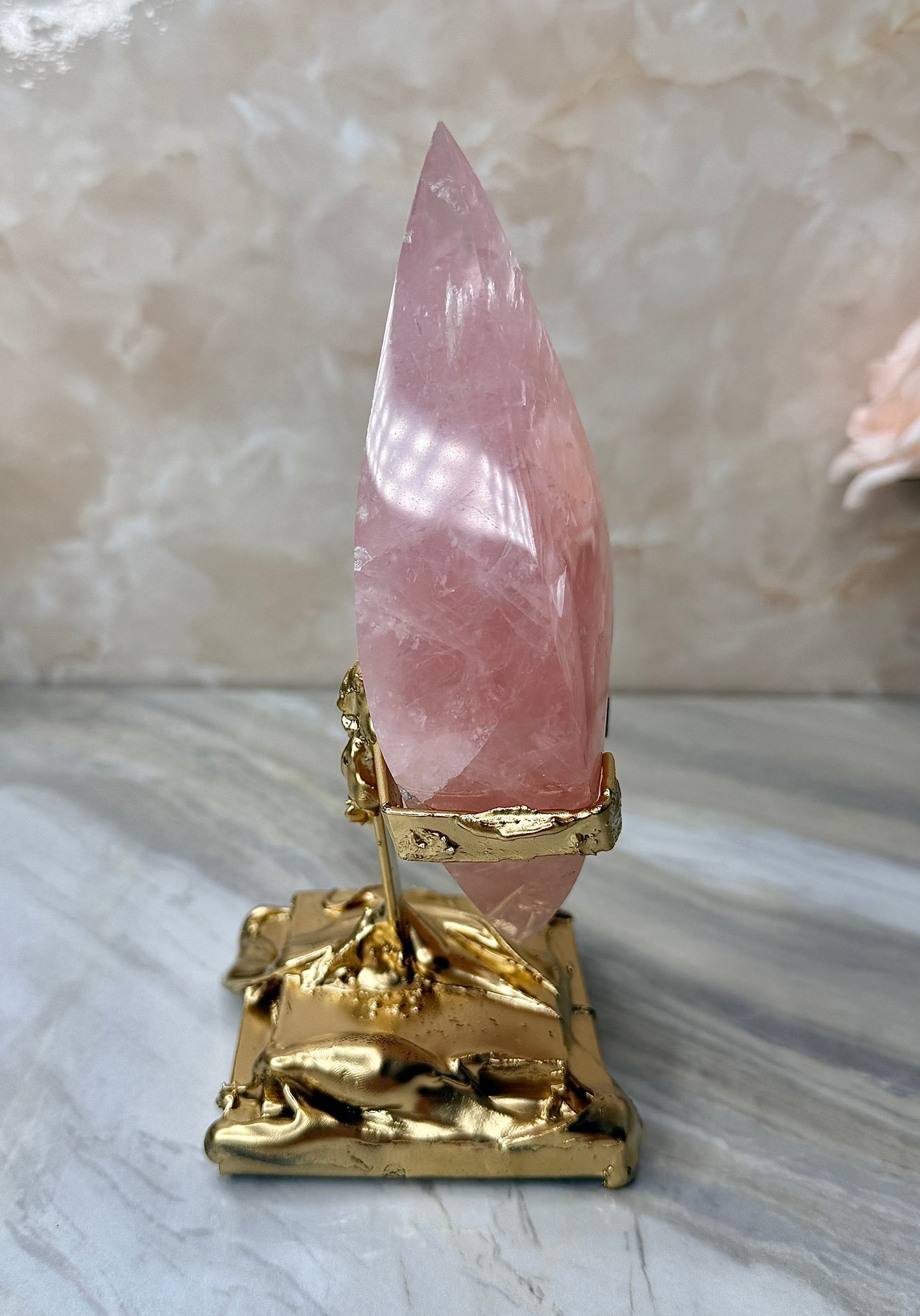 Rose Quartz Double Flame on Gold Stand from Brazil