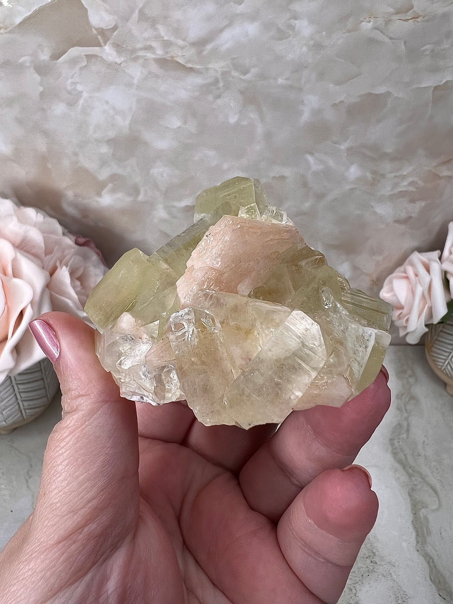 Green Apophyllite with Peach Stilbite