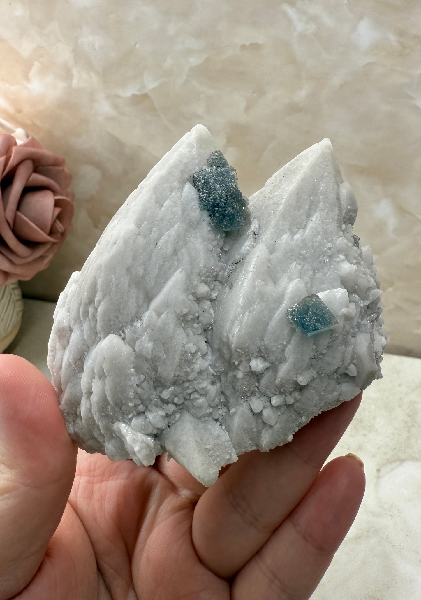 Octohedrical Fluorite on Candle Quartz