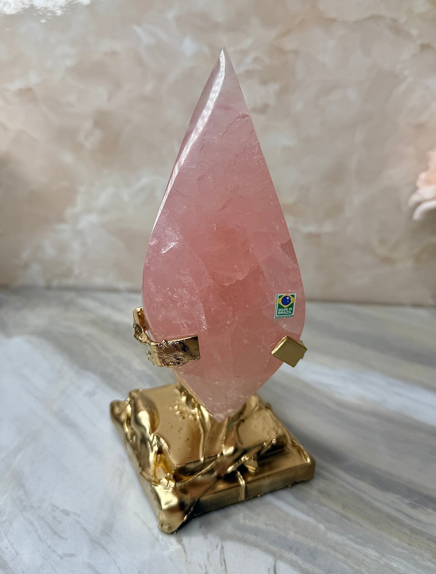 Rose Quartz Double Flame on Gold Stand from Brazil
