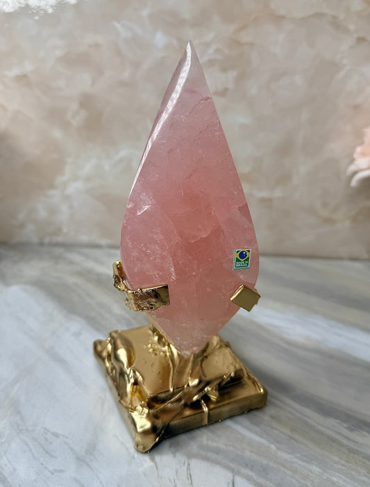 Rose Quartz Double Flame on Gold Stand from Brazil