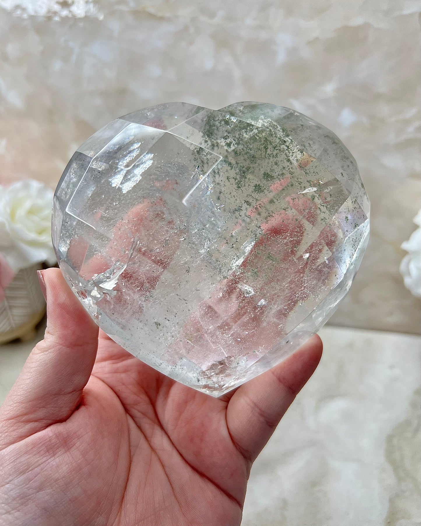 Faceted Clear Quartz Heart with Chlorite from Brazil