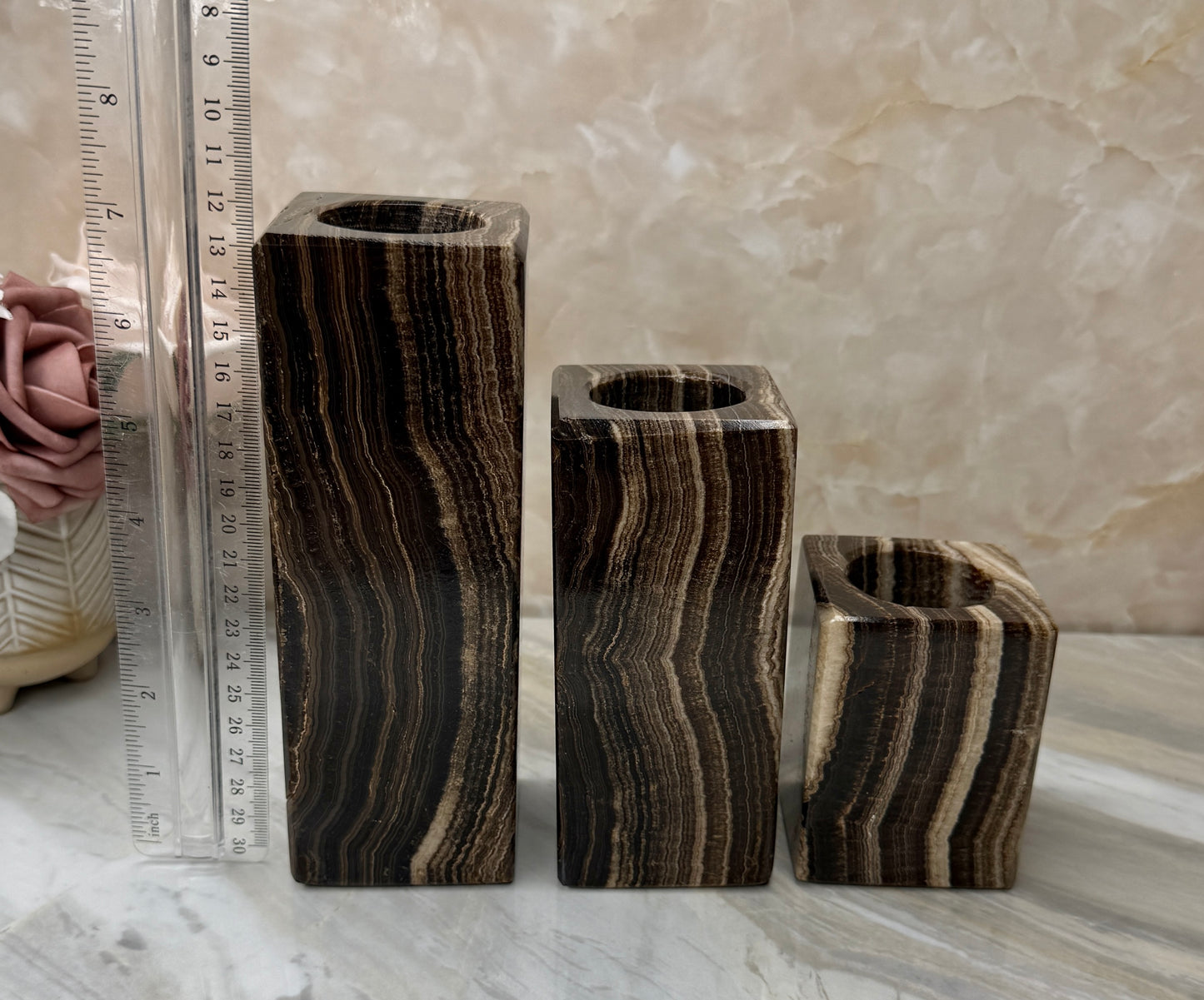 Chocolate Calcite Candle Holder Set