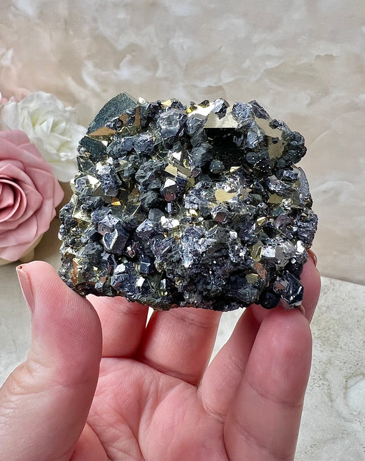 Octahedral Peruvian Pyrite with Galena Cluster